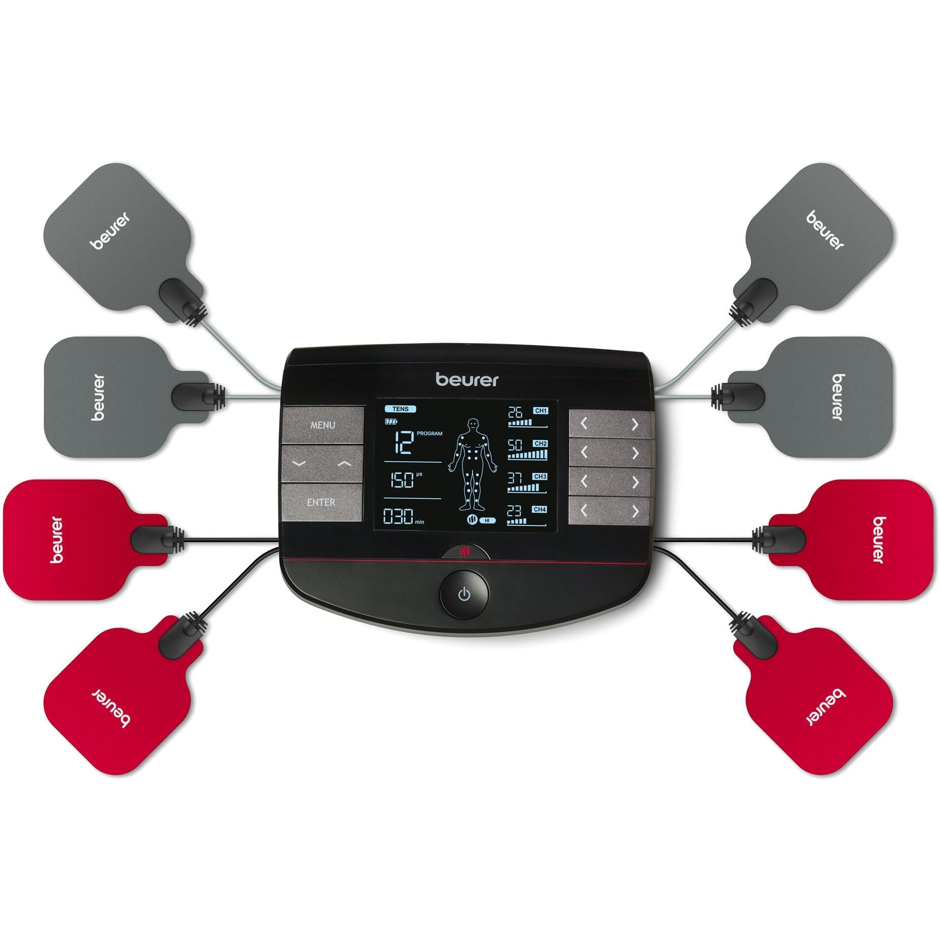 Digital TENS/EMS stimulator with heat, control unit and eight self-adhesive electrodes