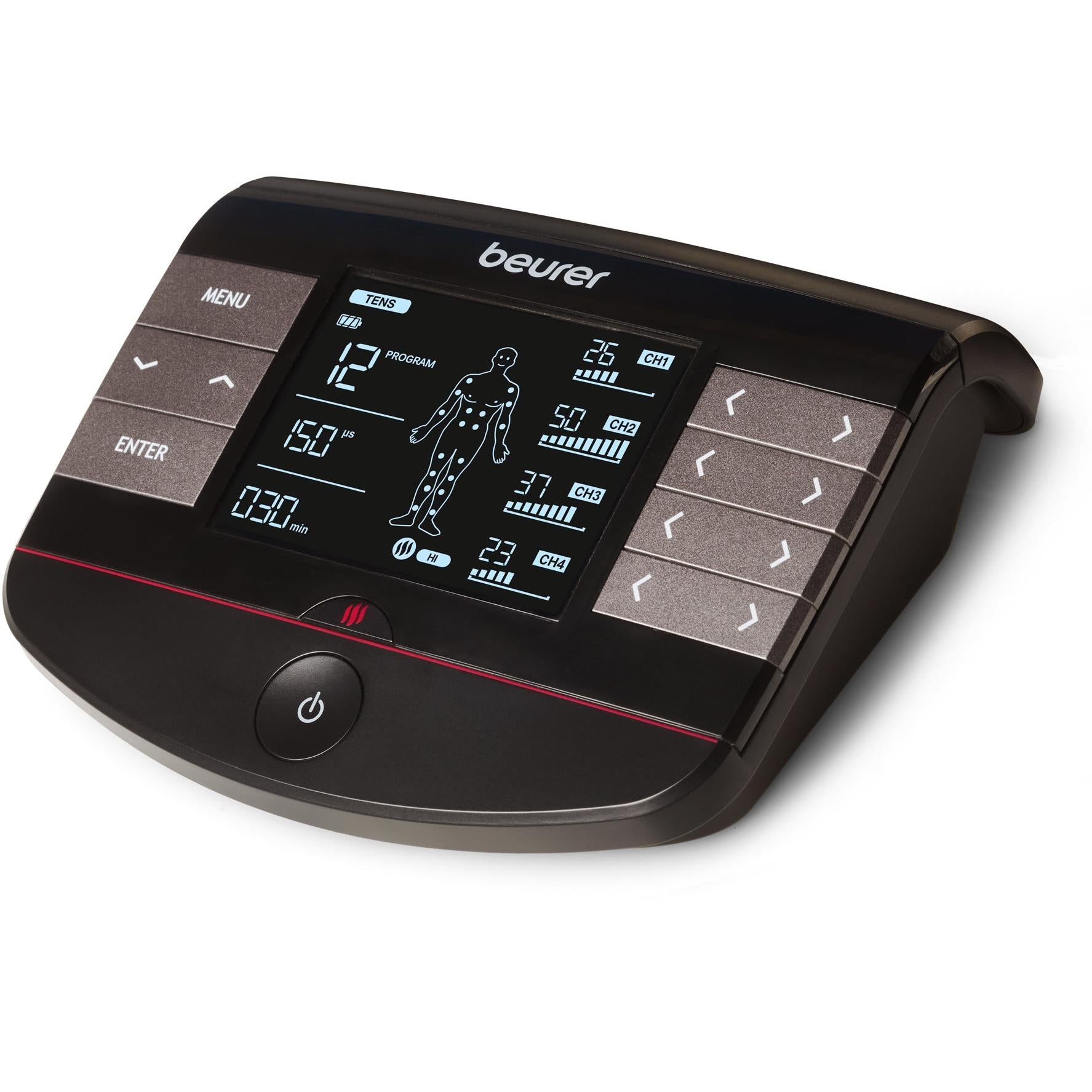 Black TENS/EMS control unit with illuminated display and touch buttons