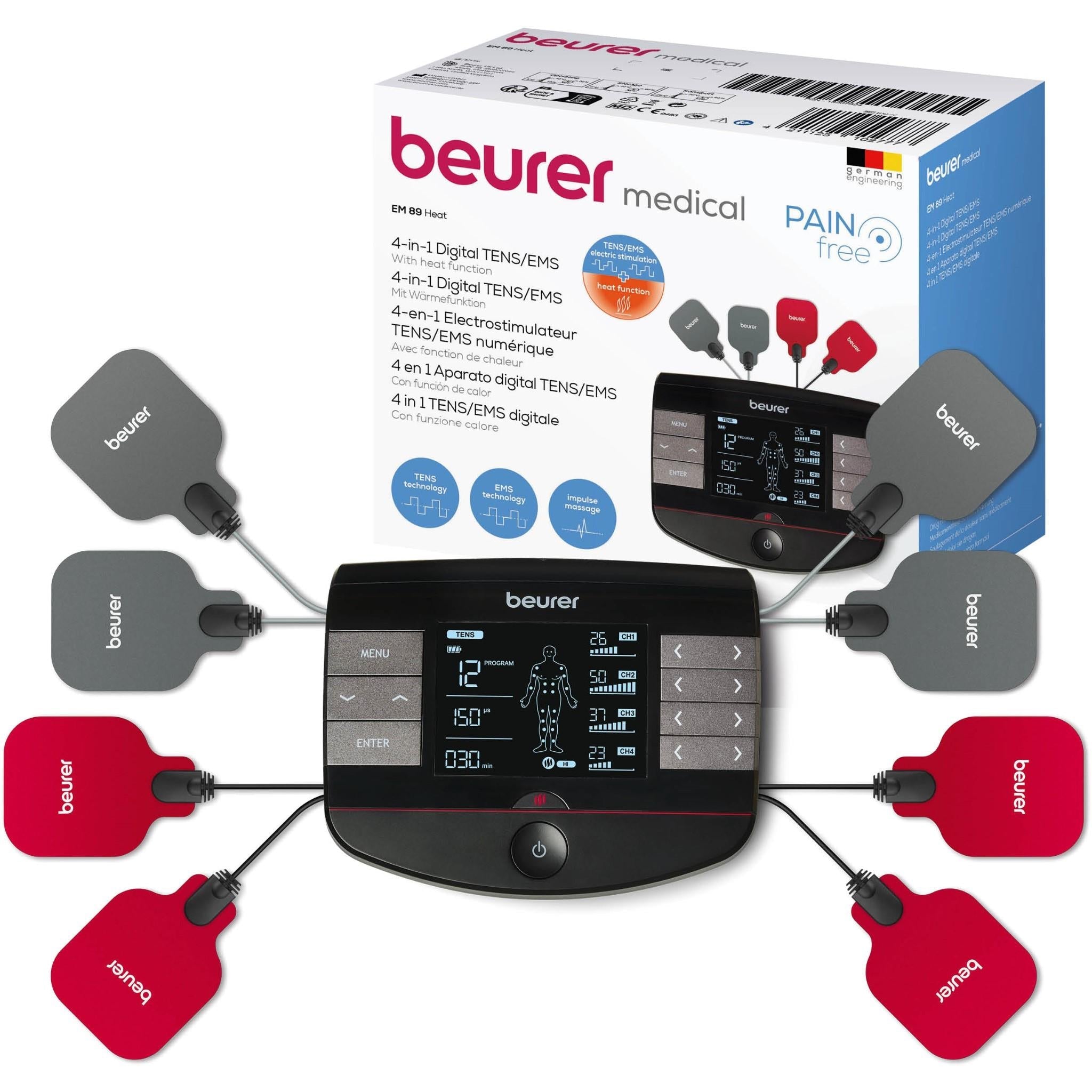TENS/EMS device kit with retail box and eight color-coded electrode pads