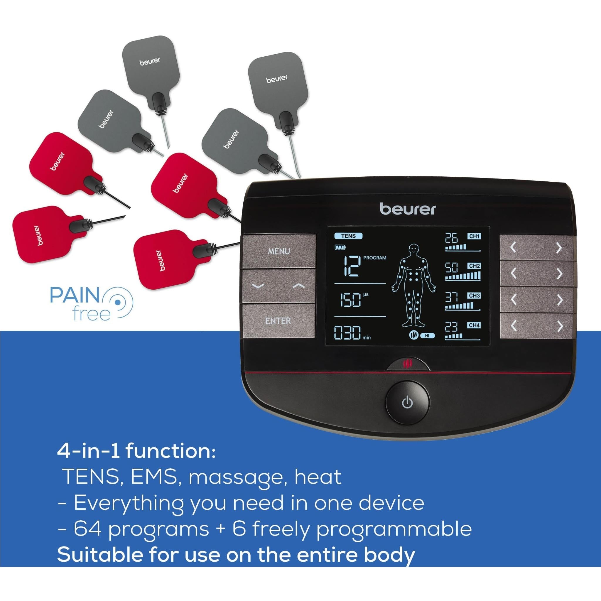 TENS/EMS controller with four electrode pads and illuminated front panel display