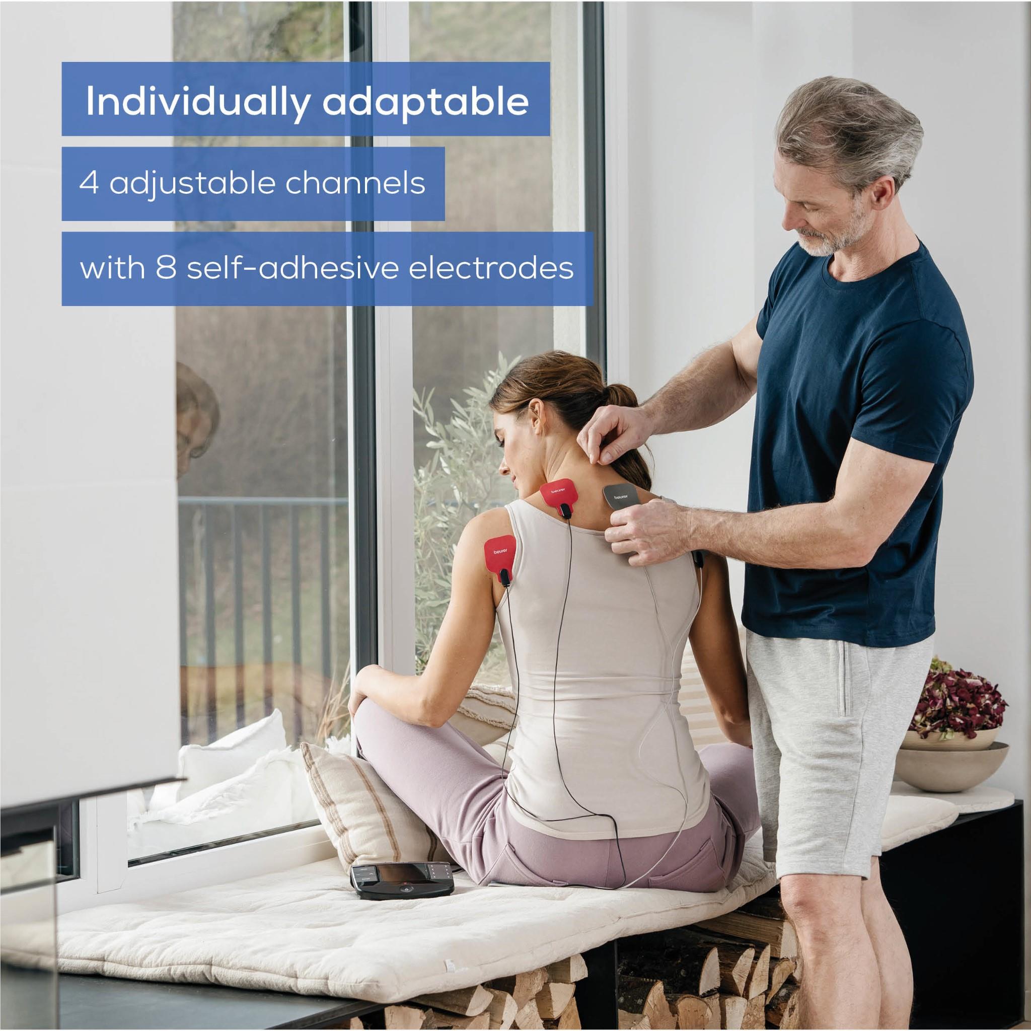 TENS/EMS electrodes and controller applied to upper body with self-adhesive pads