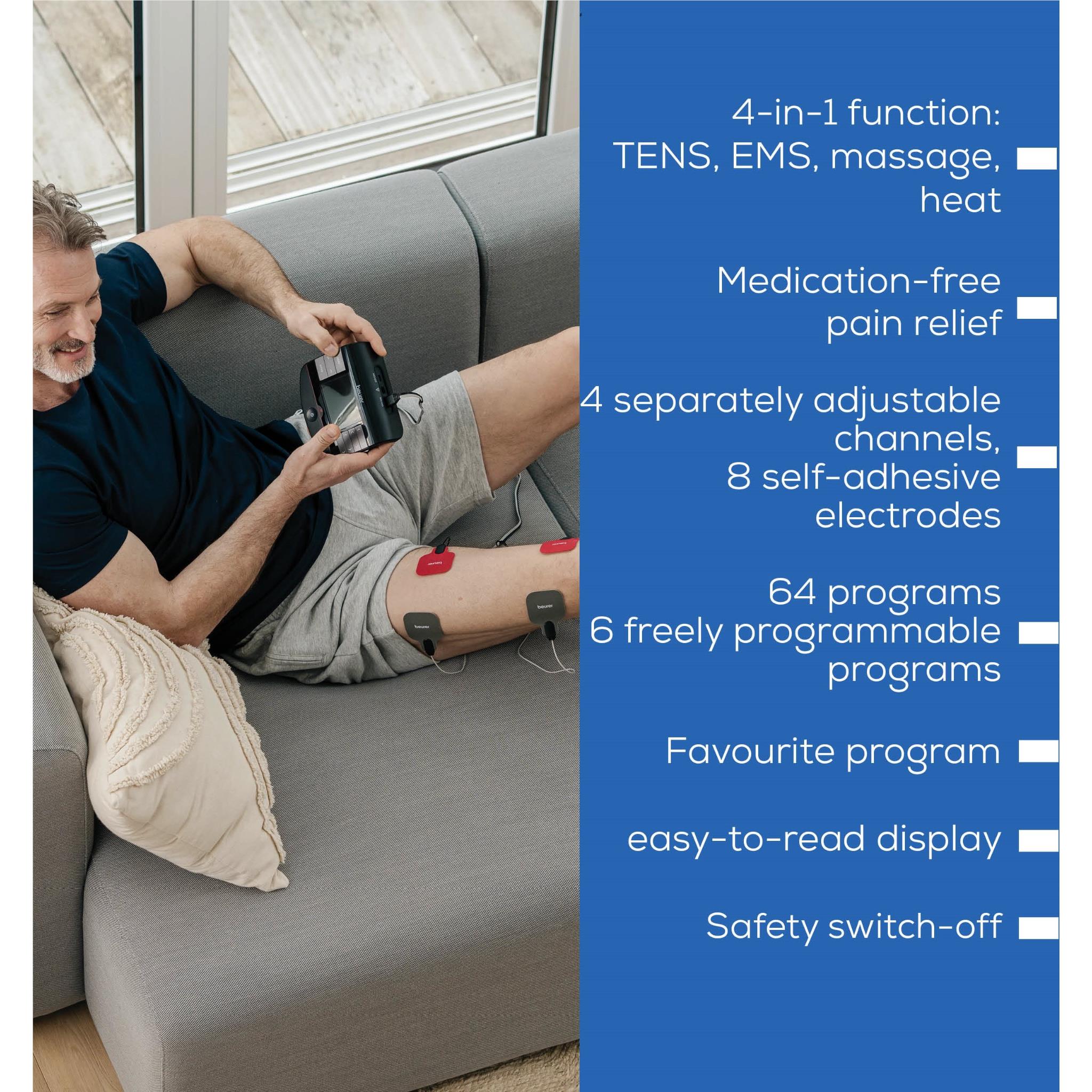 TENS/EMS controller connected to electrode pads on person reclining on sofa