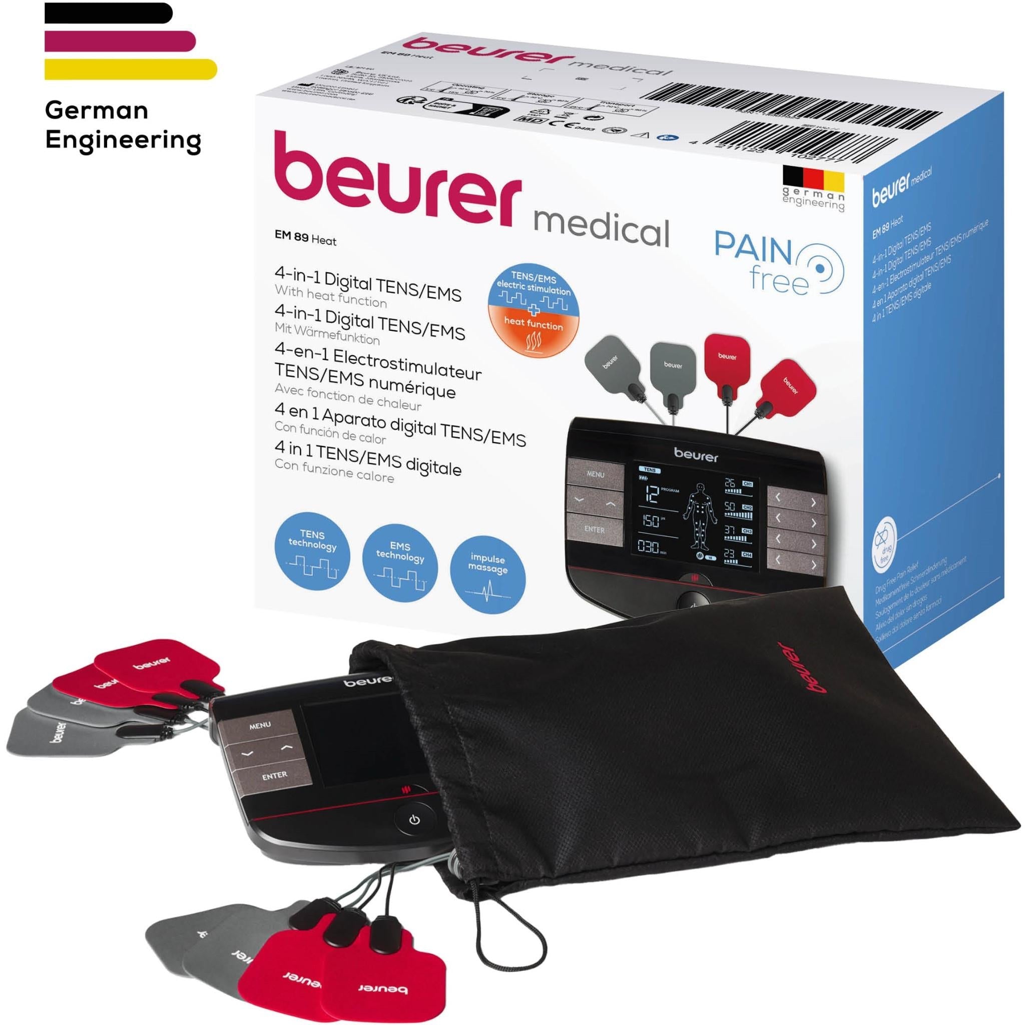 Beurer medical TENS/EMS kit with controller, electrode pads, and storage pouch