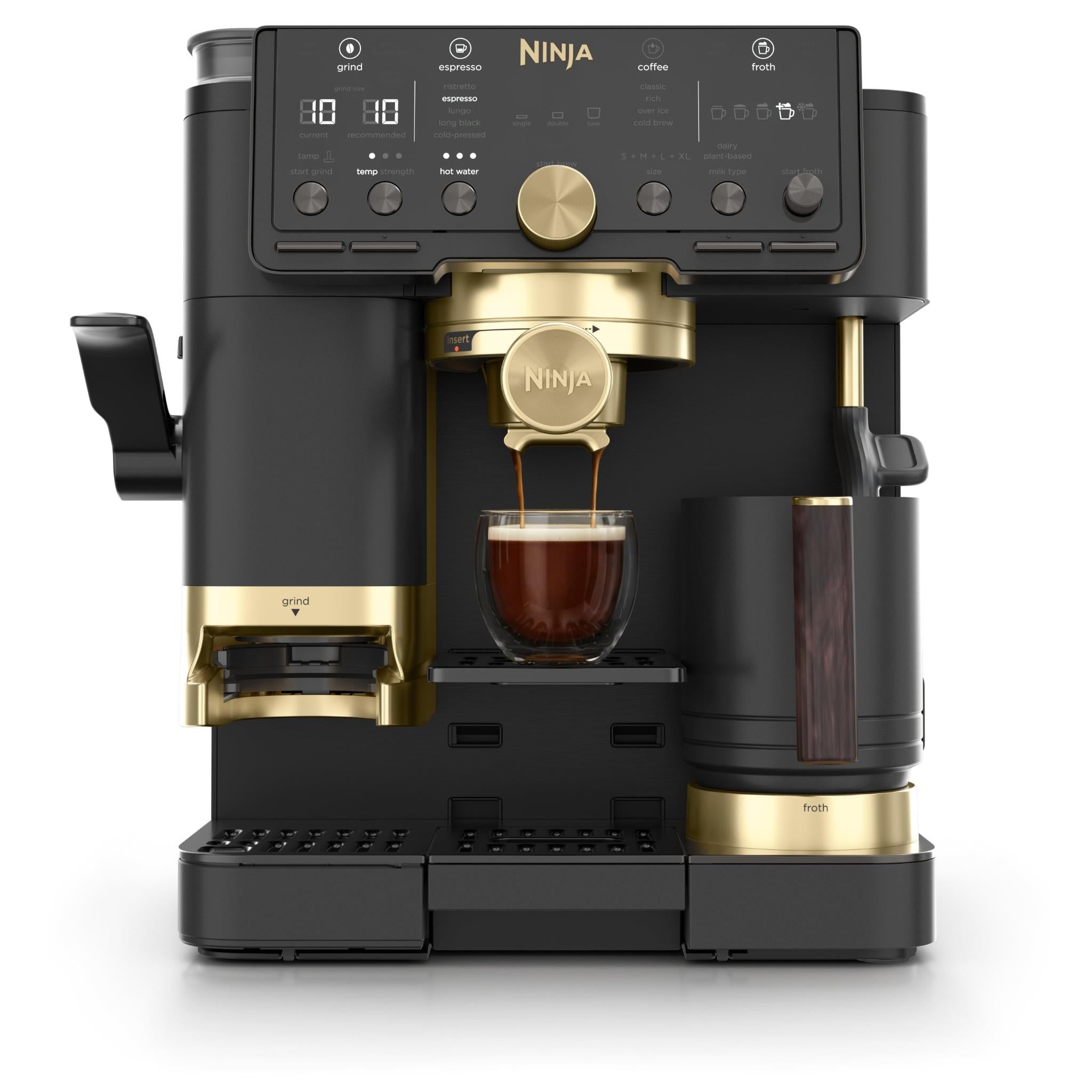 Black Ninja 3-in-1 espresso machine with gold accents and dark wood handle, front view