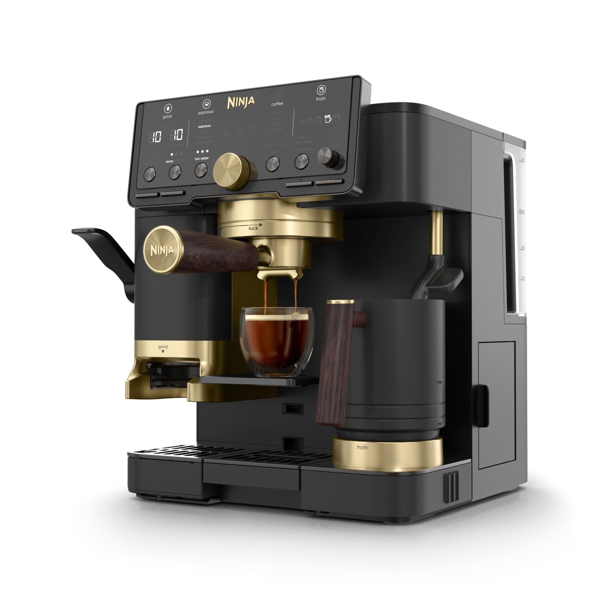Ninja 3-in-1 espresso machine in black with gold trim, angled view
