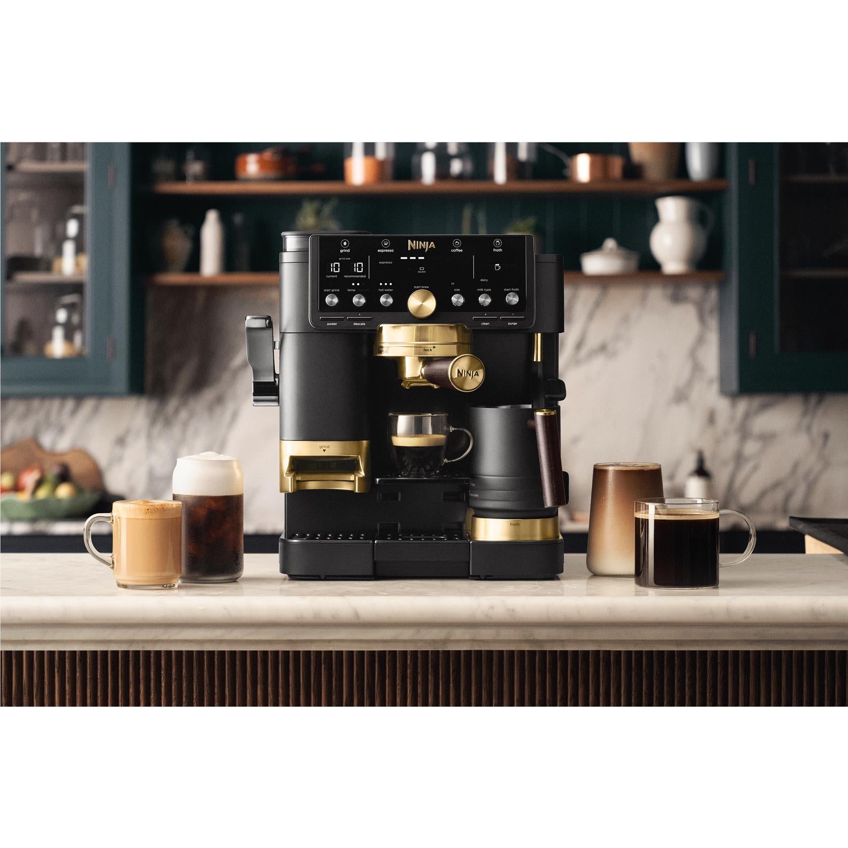 Ninja Luxe Café Pro 3-in-1 espresso machine with gold accents