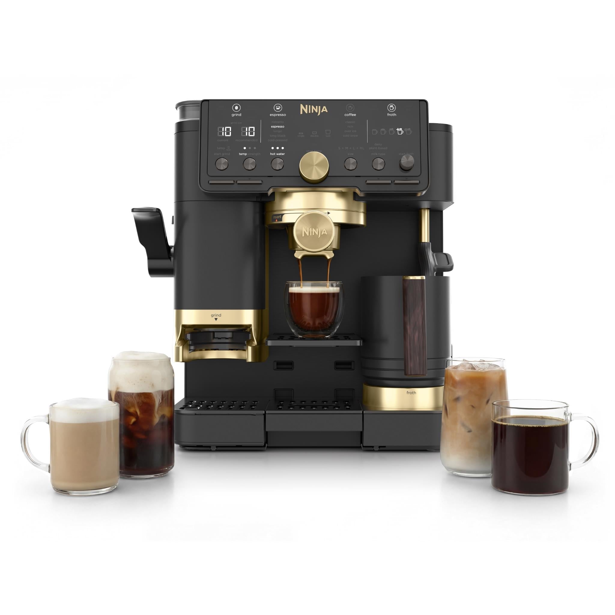 Ninja 3-in-1 espresso machine in black with gold accents and coffee cups