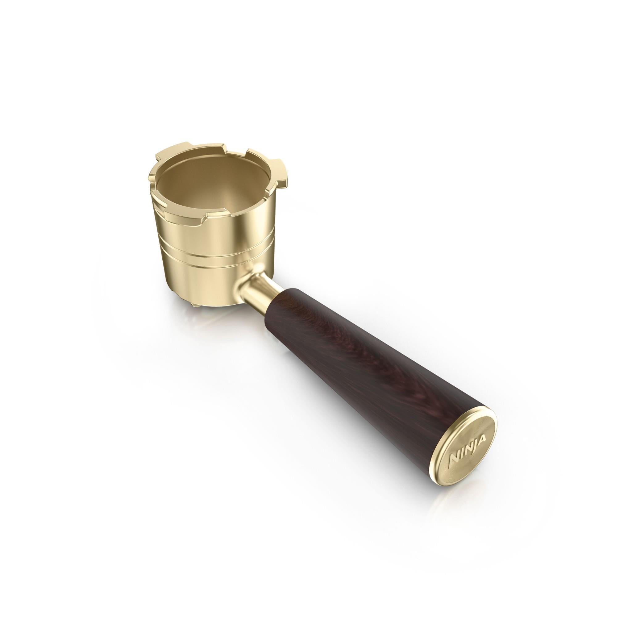 Gold espresso portafilter with dark wood handle and Ninja logo