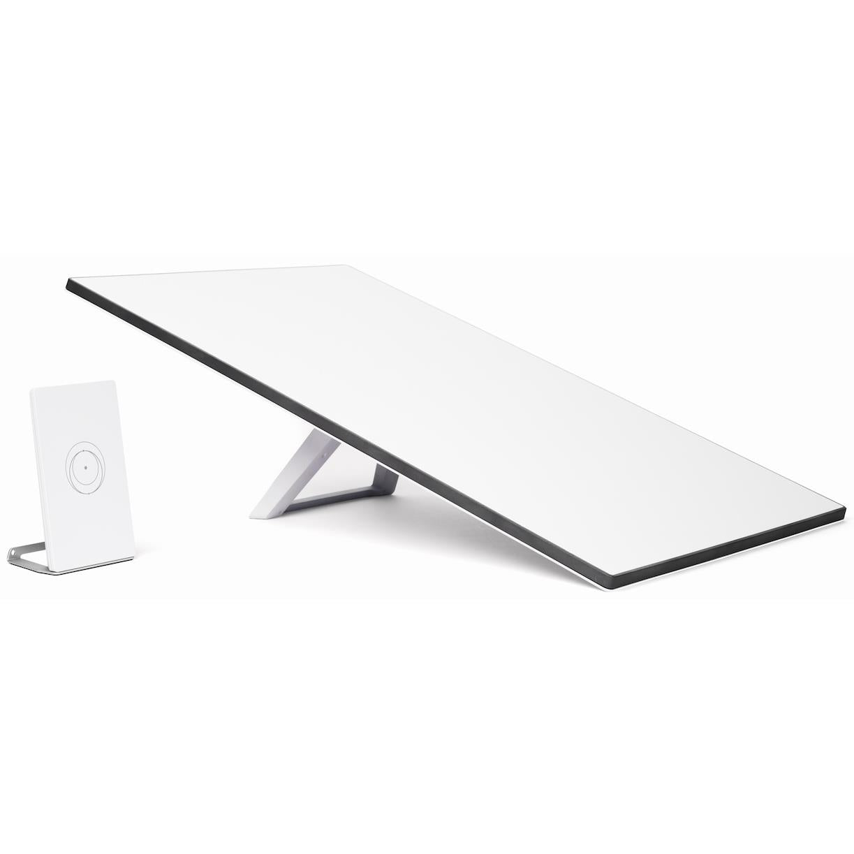 White satellite internet antenna on stand with compact router and cable