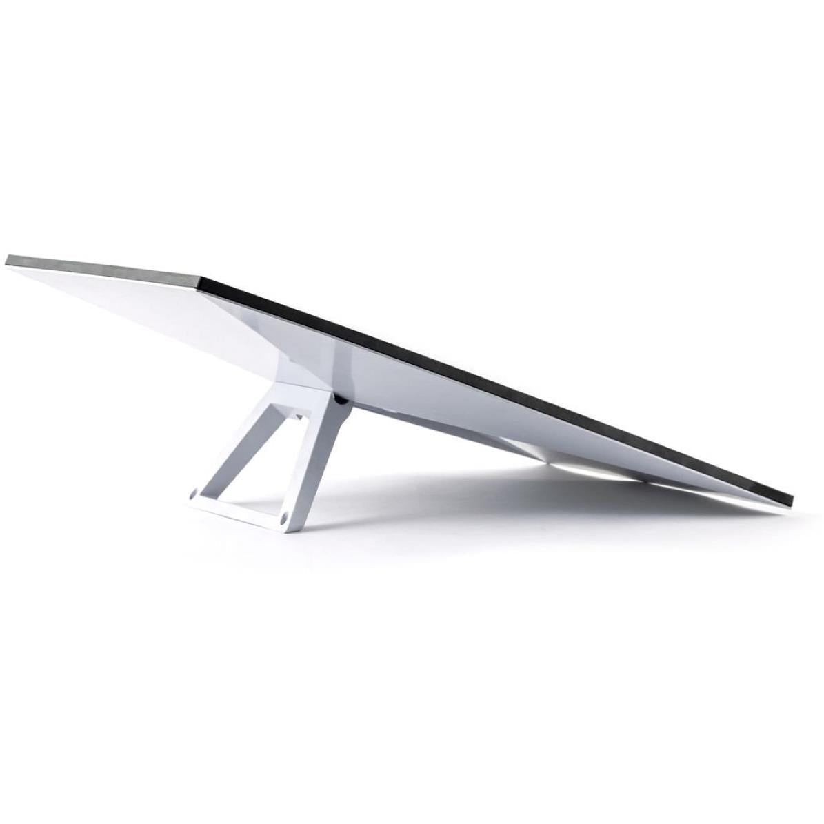 Angled white satellite internet antenna dish with dark support legs