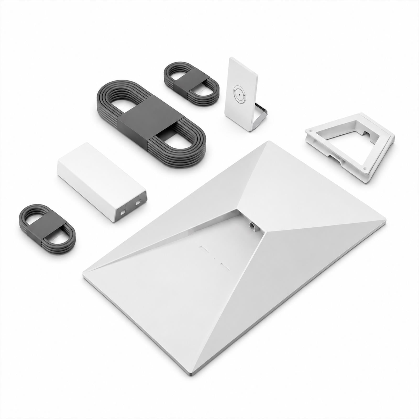 Satellite internet antenna kit parts: dish, router, power cables, mounting bracket