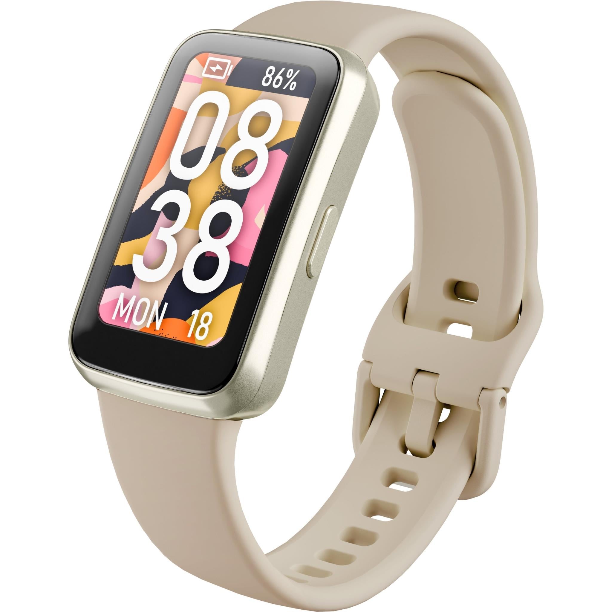 Cream smartwatch with black screen and fitness display, wearing on light beige strap