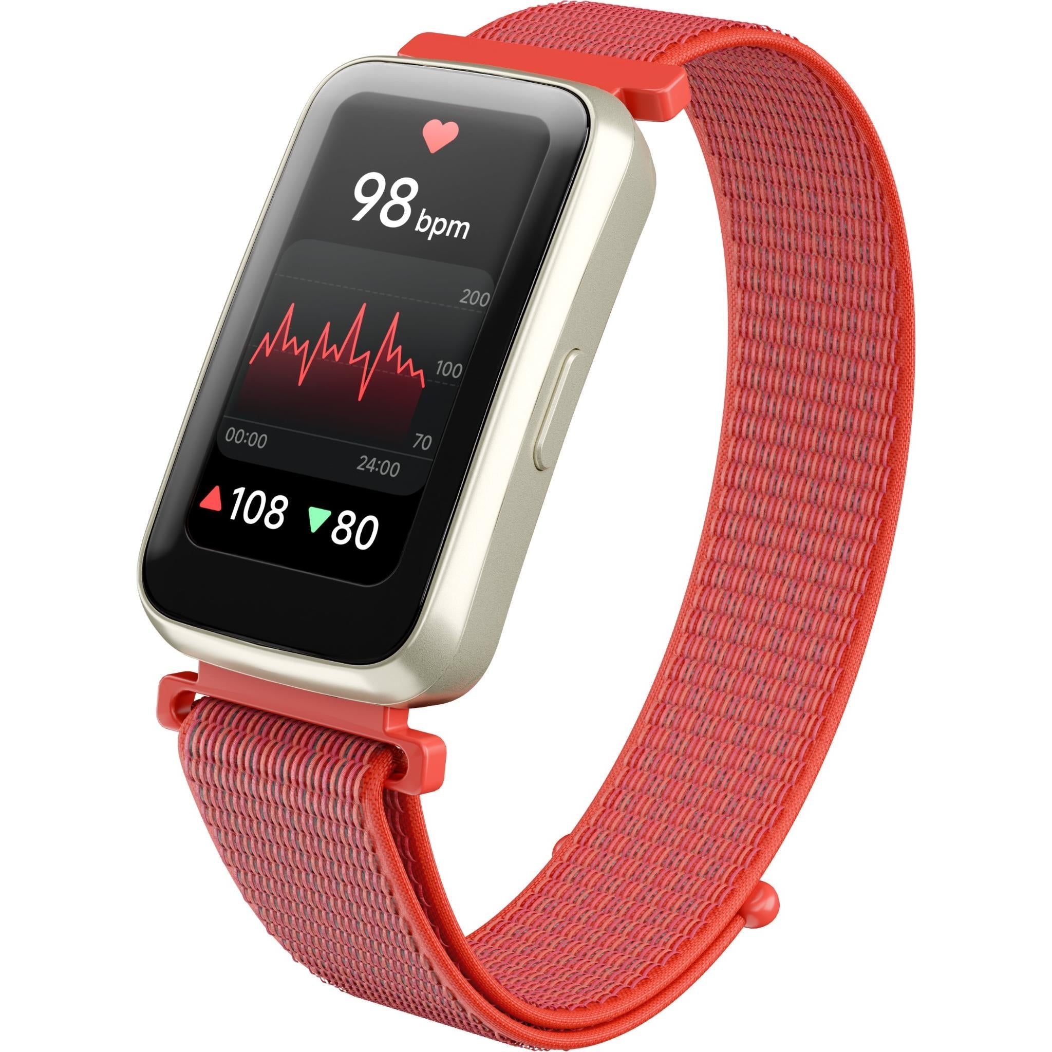 Smartwatch with black screen and heart/bpm display on red woven strap