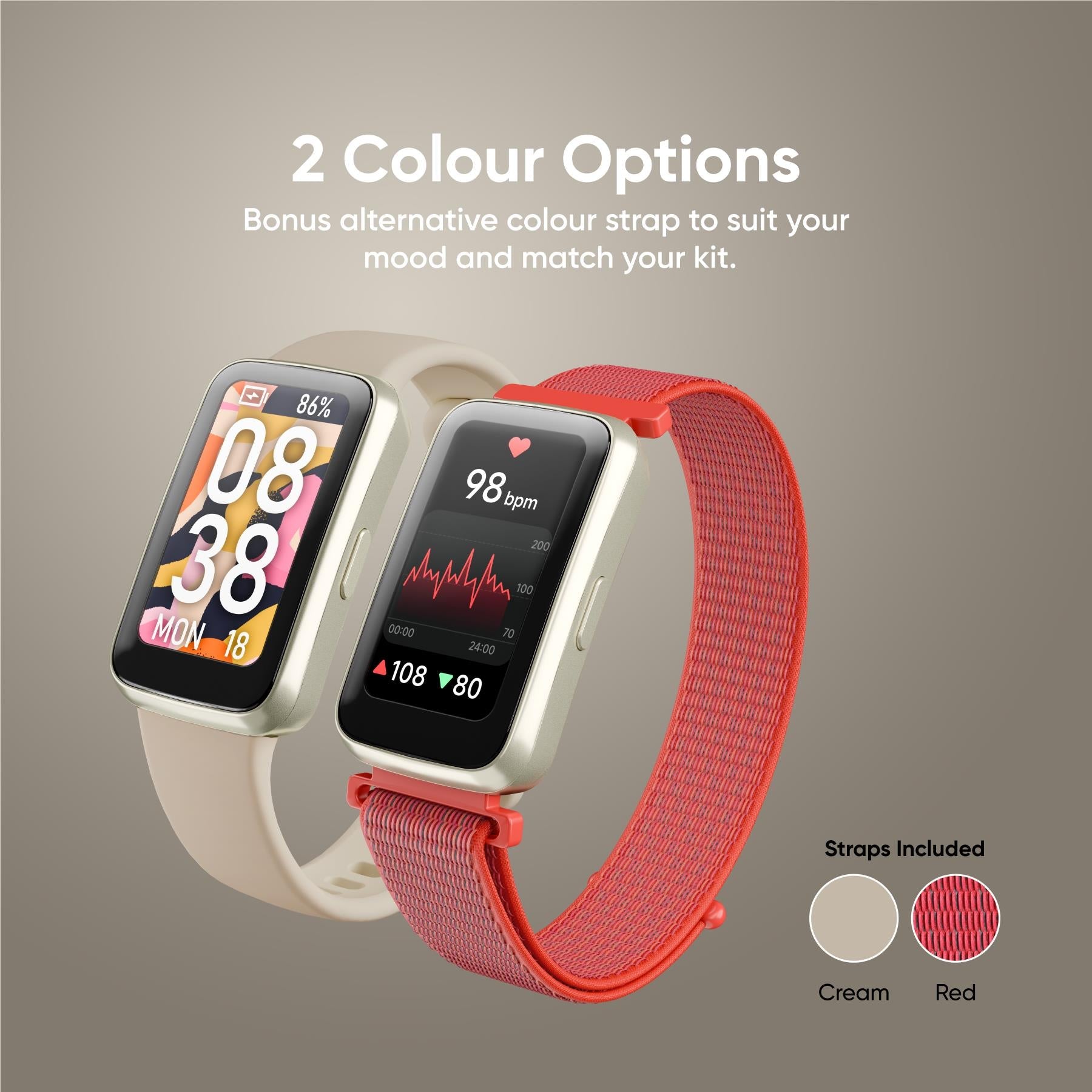 Smartwatch shown in cream and red strap colors with heart-rate screens