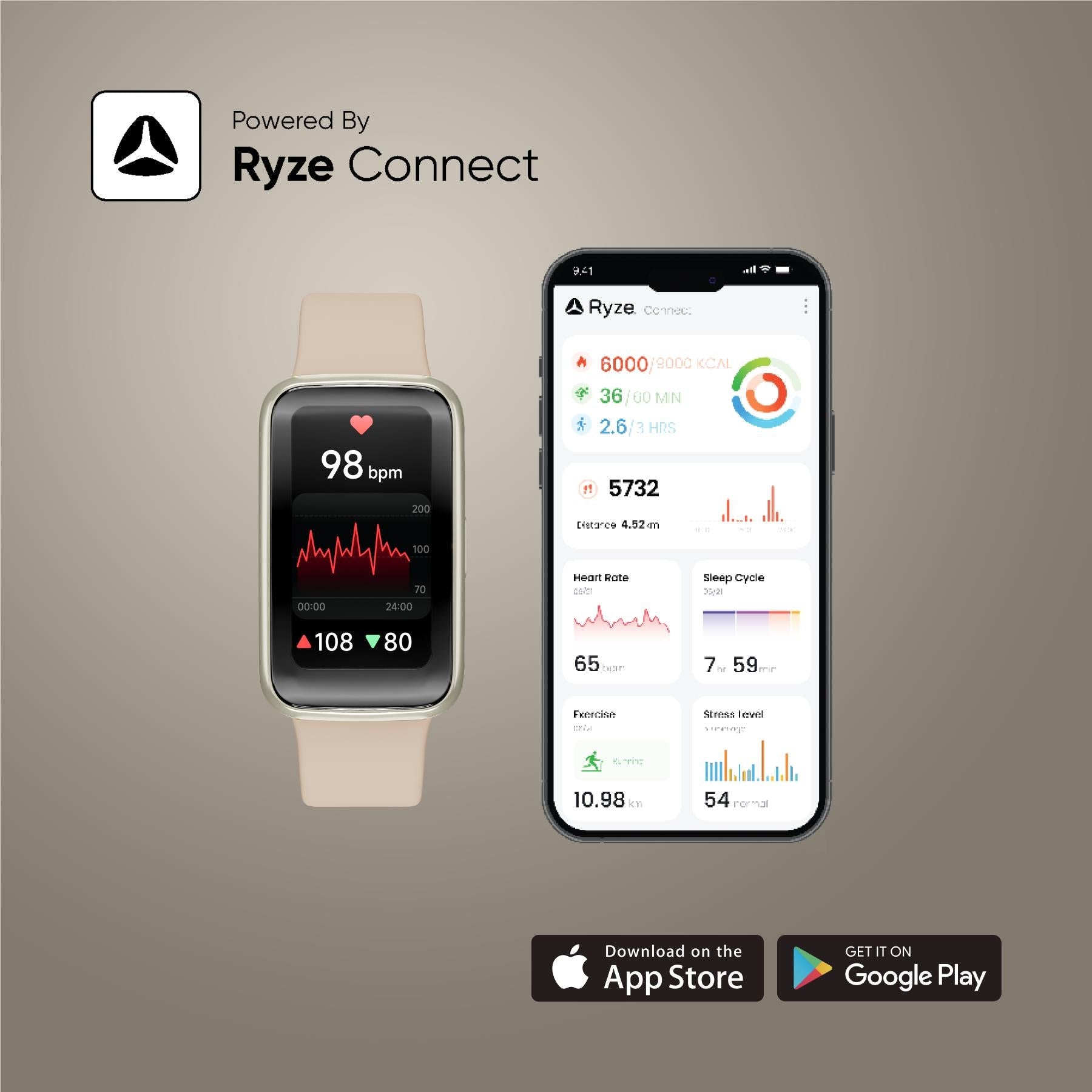 Cream smartwatch beside smartphone showing health dashboard app screens
