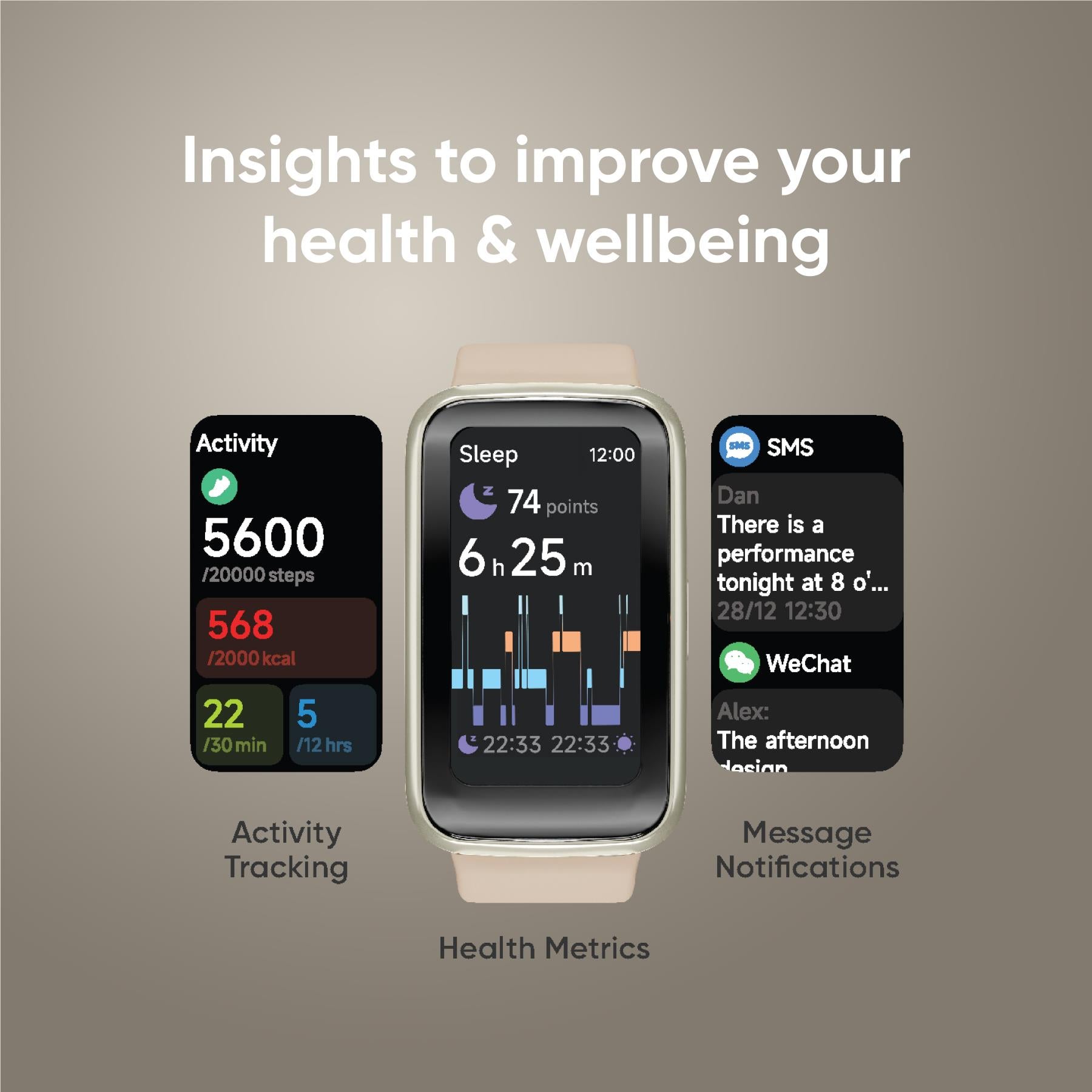 Cream smartwatch with health metrics screen, featuring activity and message tiles