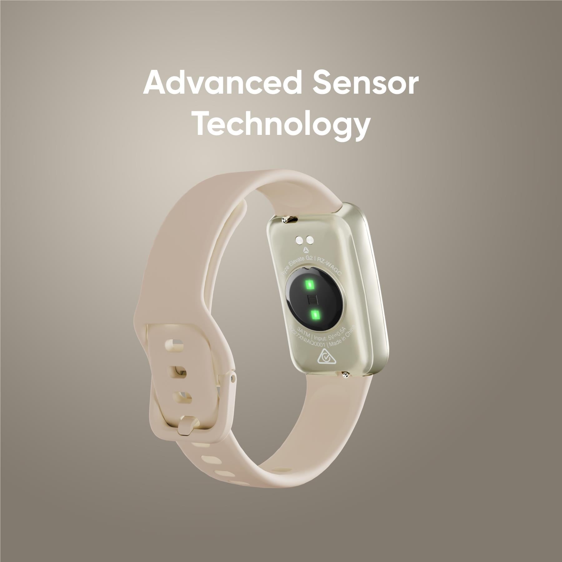 Smartwatch with underside sensor visible on cream silicone strap