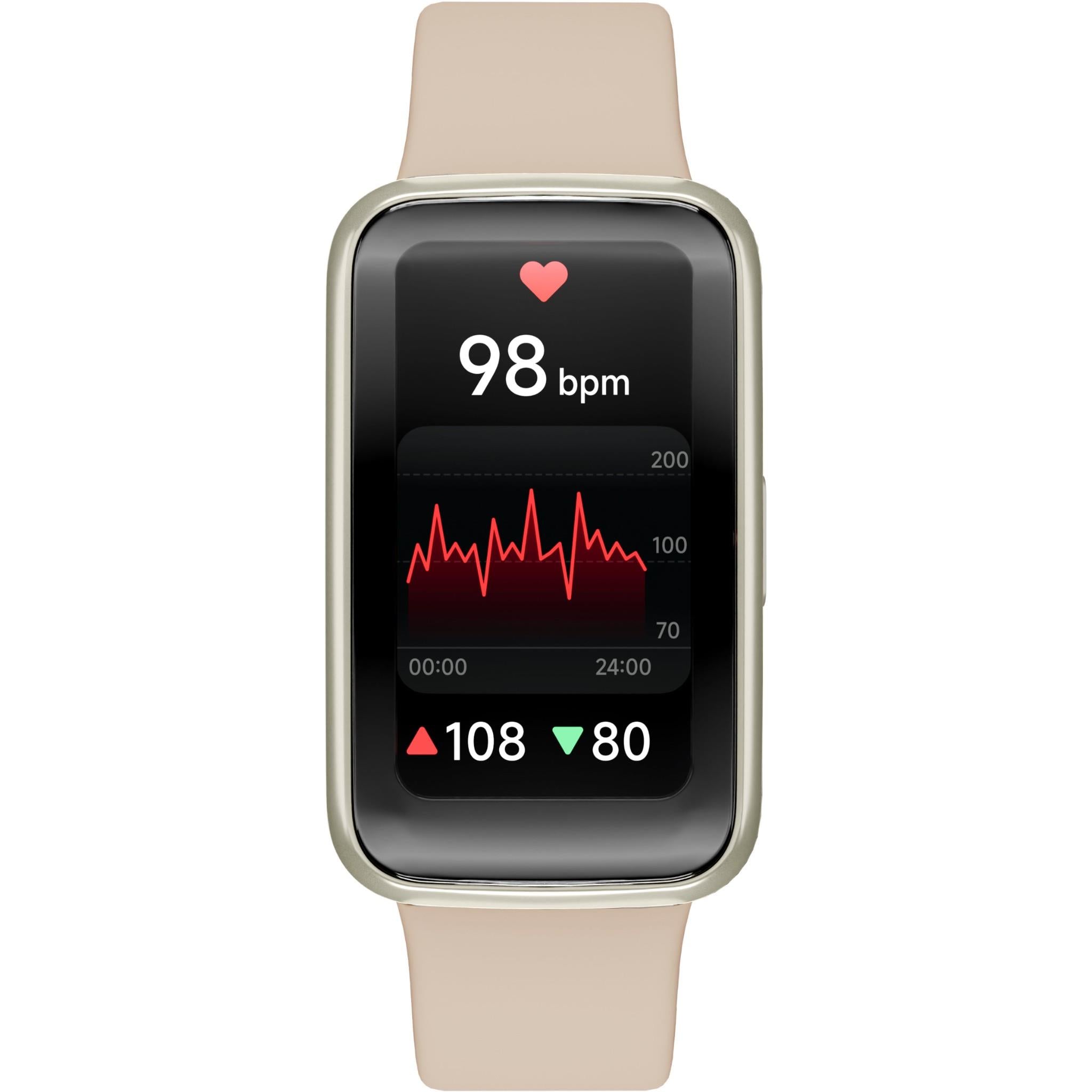 Cream smartwatch with black display showing 98 bpm and heart icon