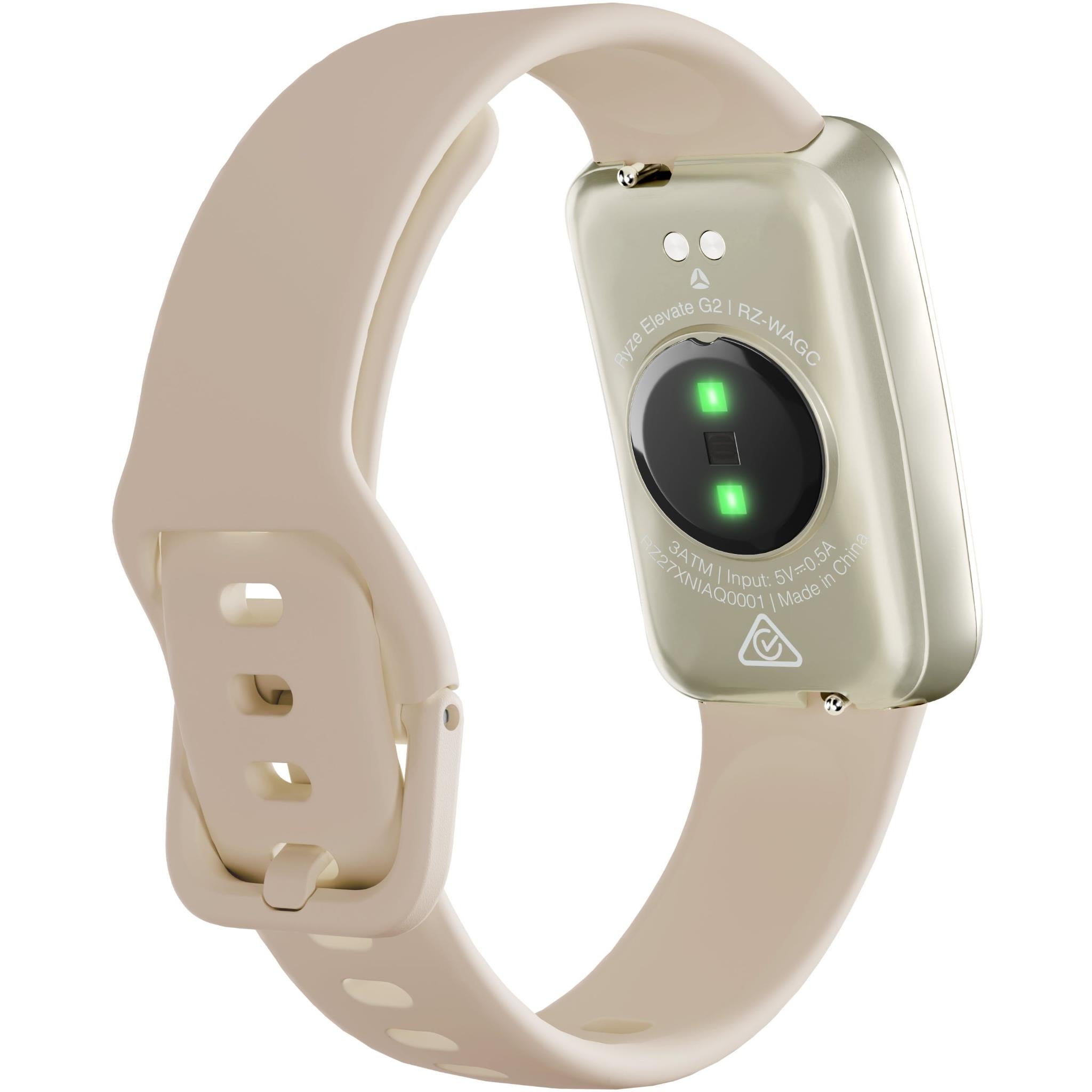 Back view of cream smartwatch with glowing sensor module on cream strap