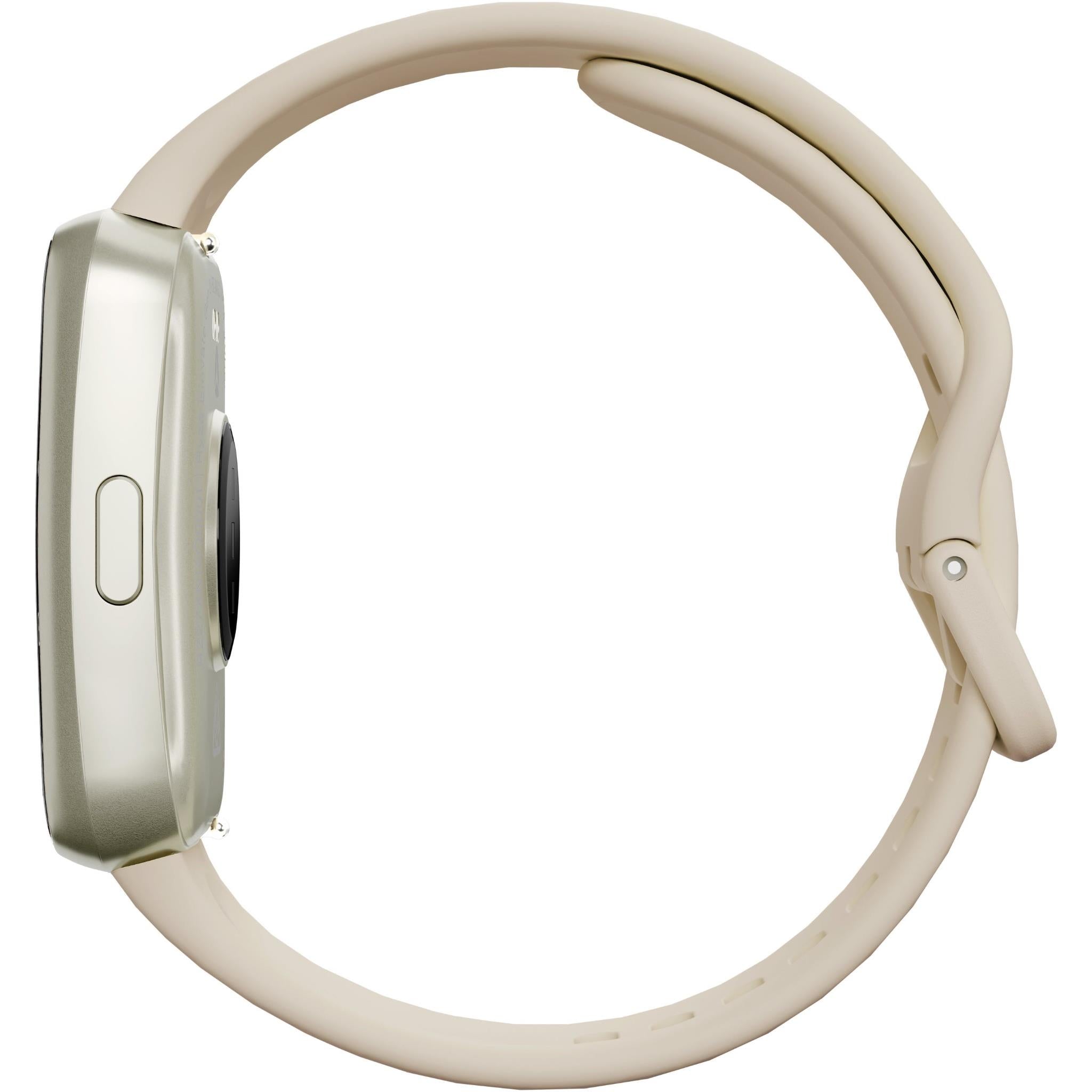 Cream smartwatch side profile with strap, showing thickness and button edge
