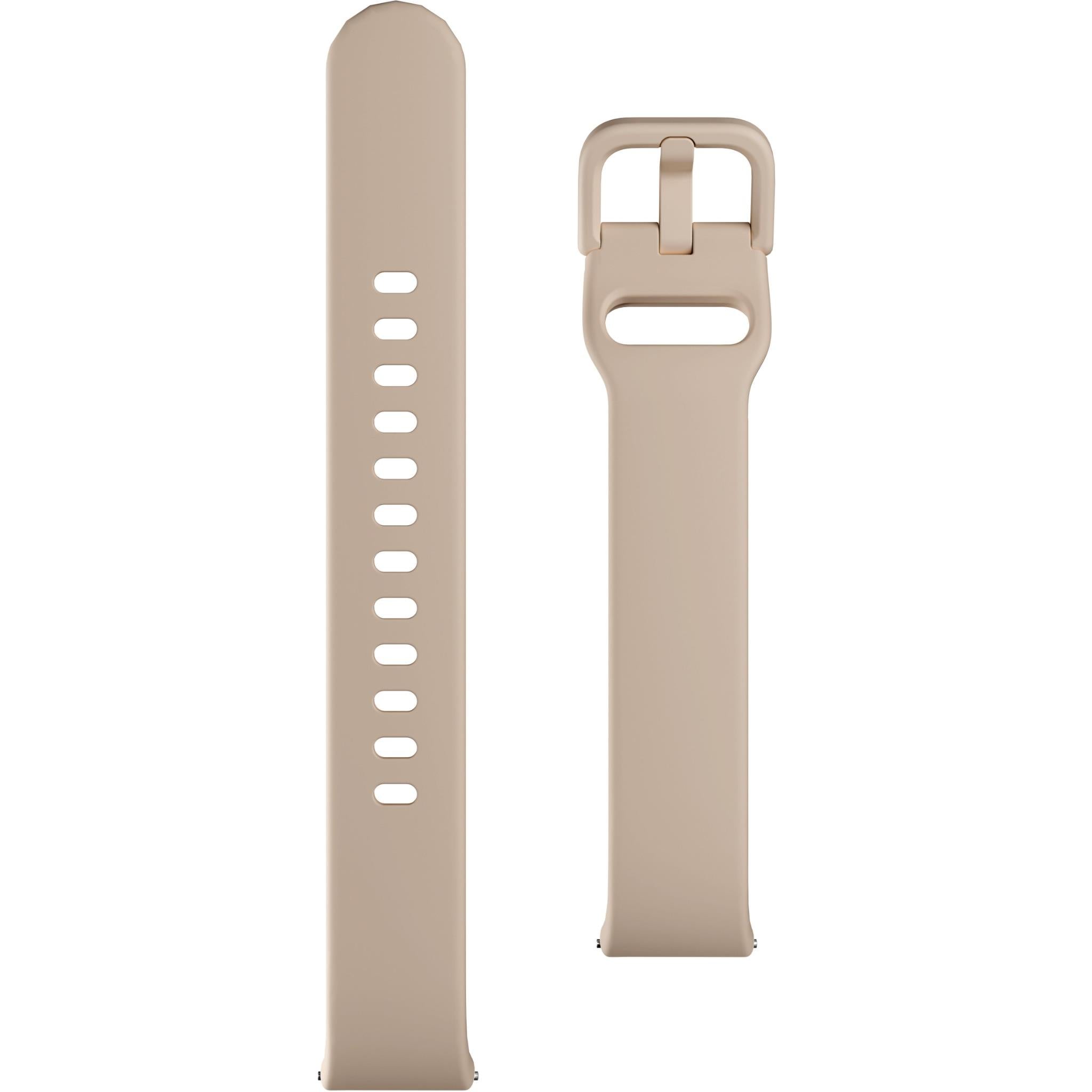 Cream spare smartwatch strap with buckle and adjustment holes, two angles shown