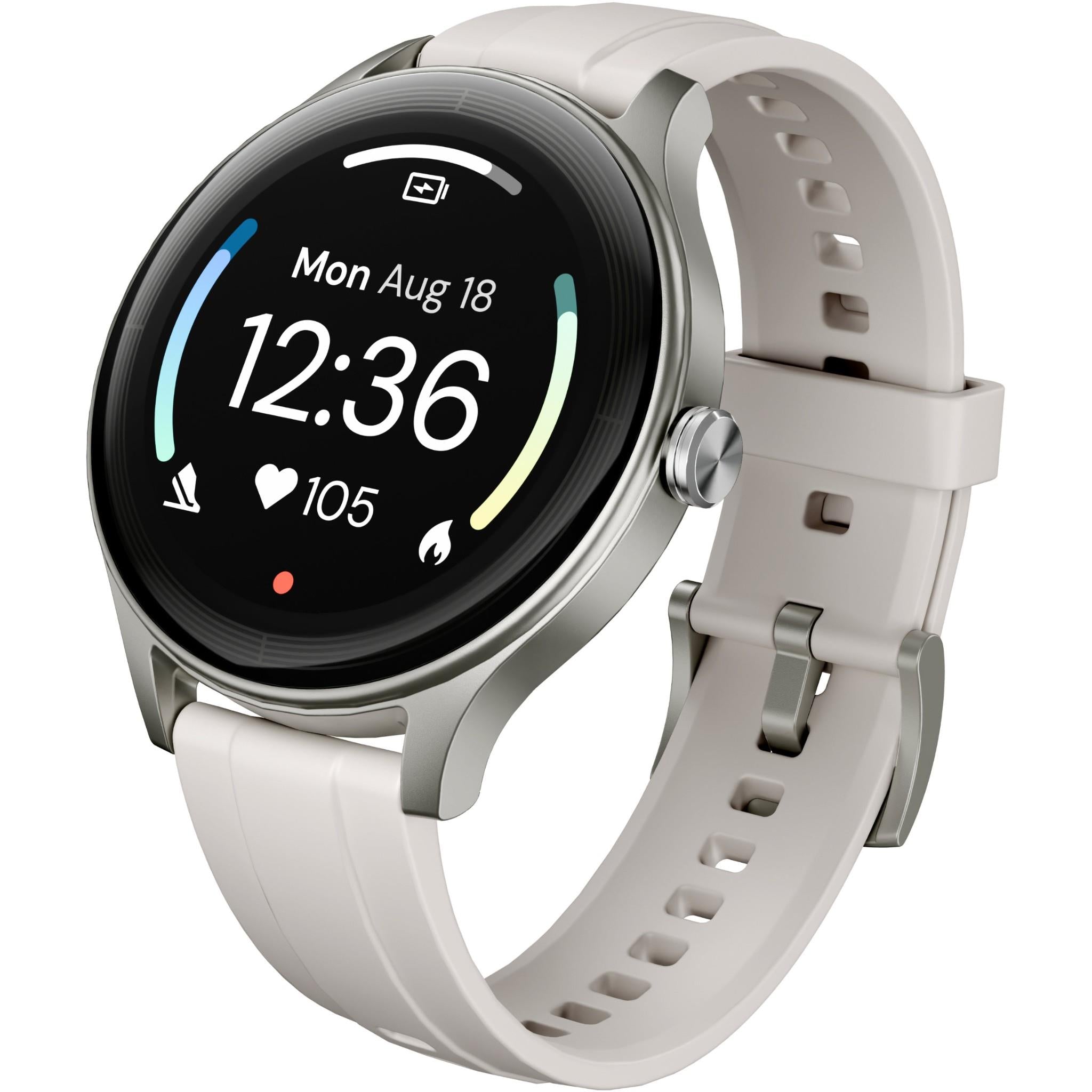 Fitness watch with white band showing 12:36 and Mon Aug 18 on dark display