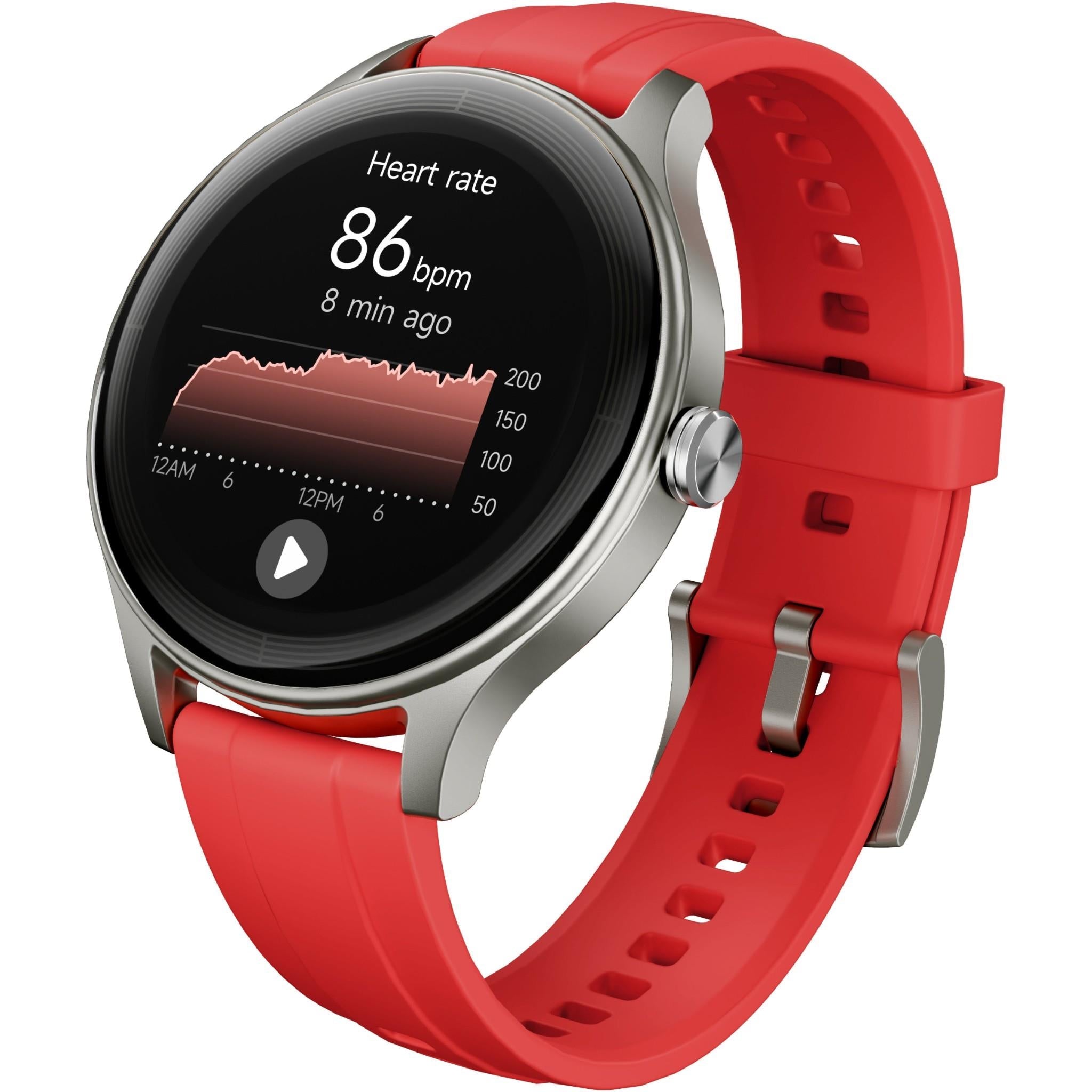 Fitness watch with red band showing heart rate 86 bpm on dark screen