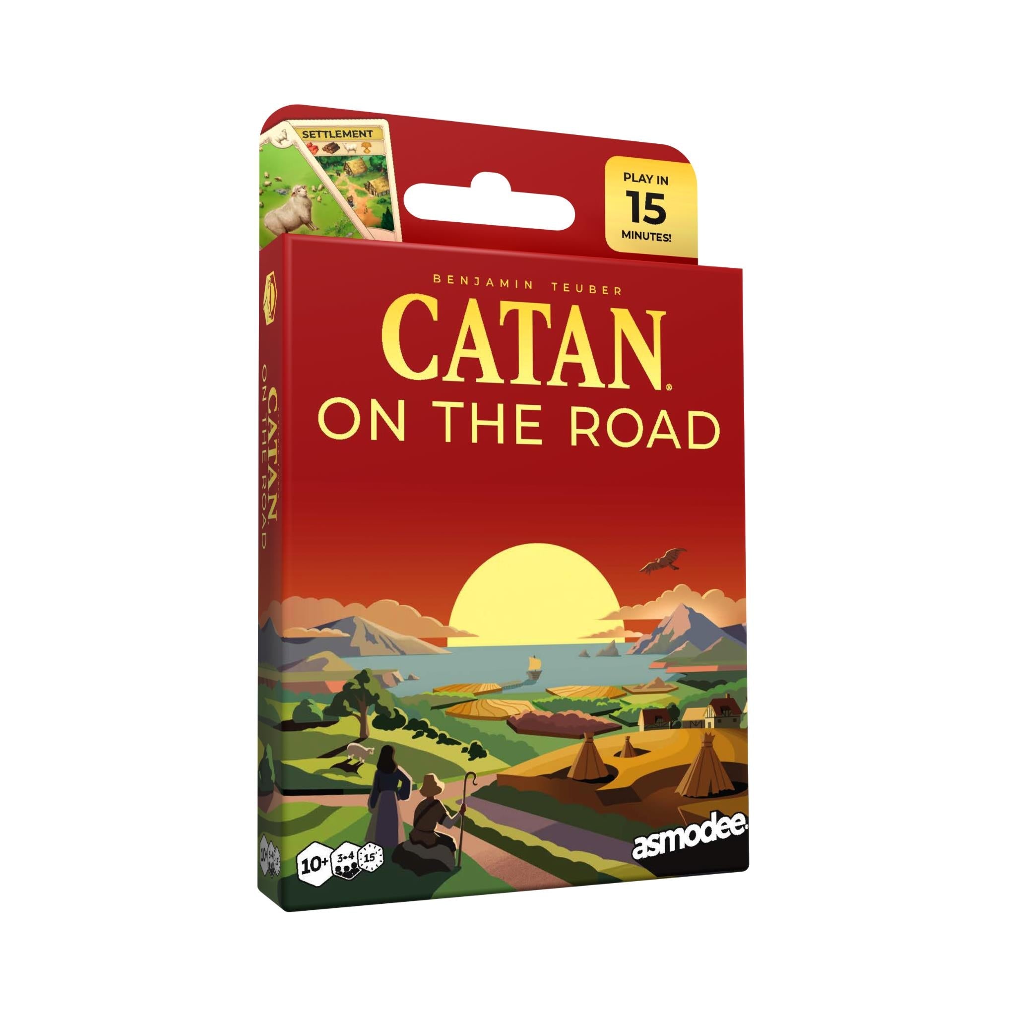 Compact card game box in red with landscape art and asmodee logo.