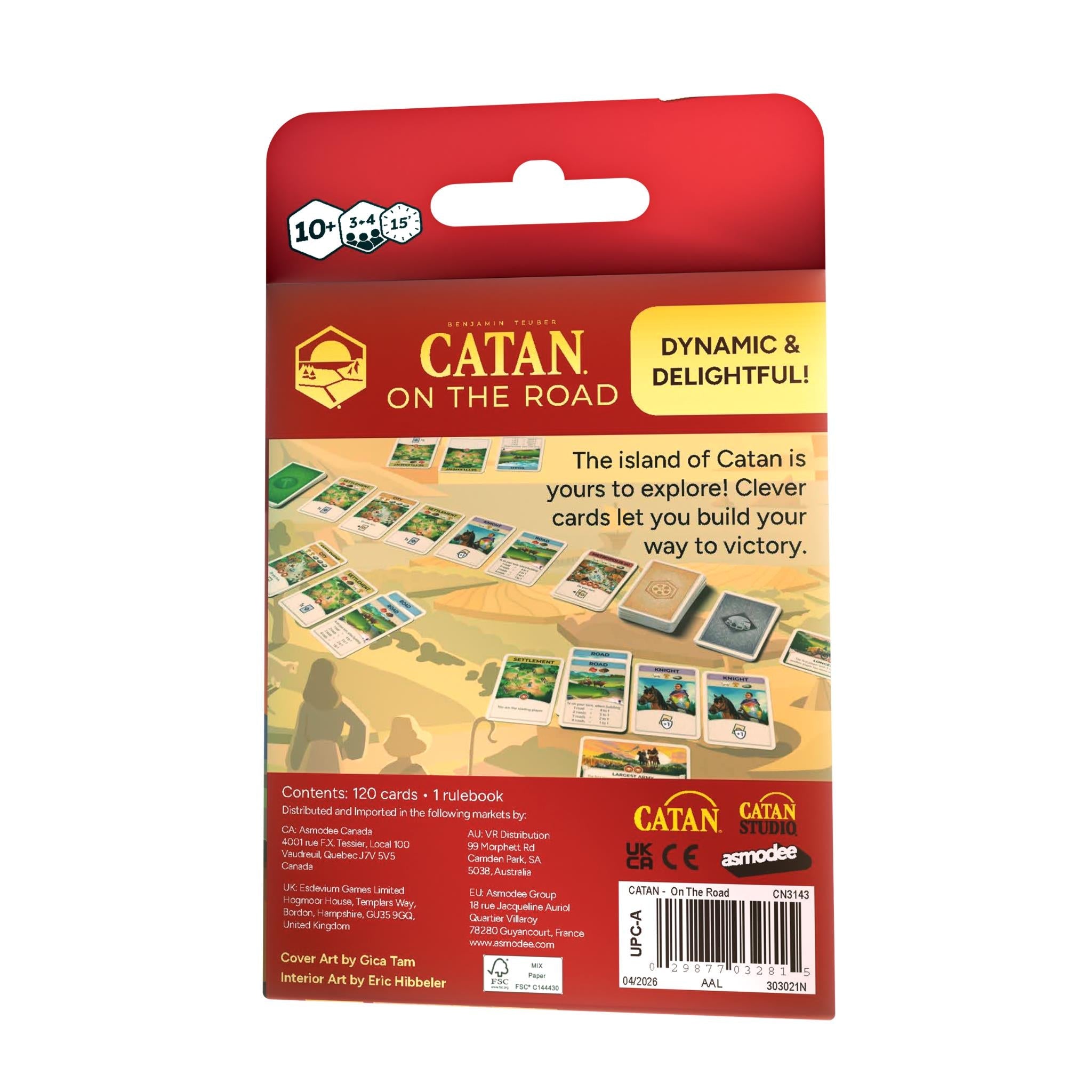 Back of compact card game box with contents and gameplay text, Catan On the Road art.