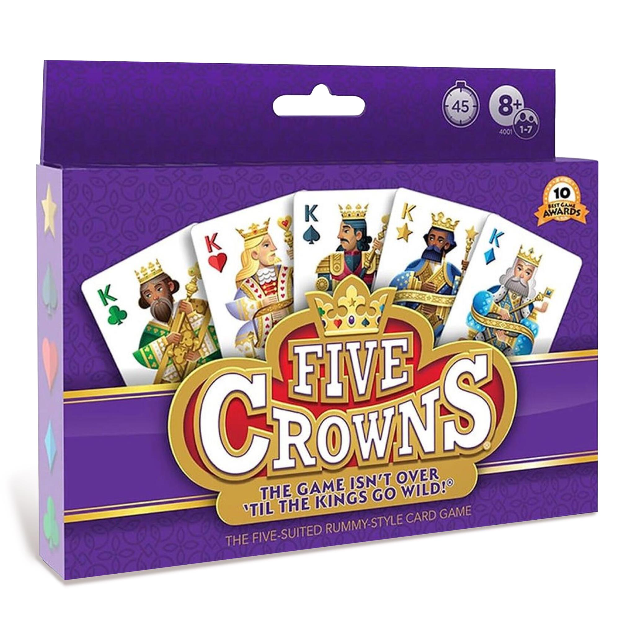 Five Crowns card game box showing card suit designs and kings crowns logo