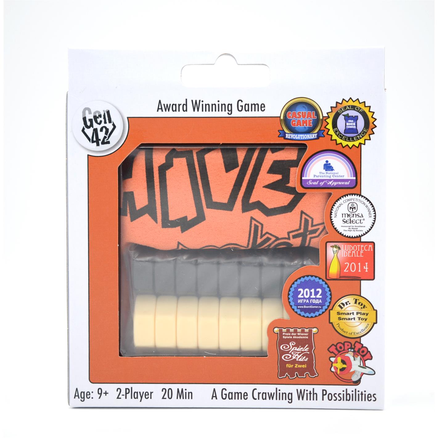 Travel strategy board game box with large Hive Pocket logo and award badges.