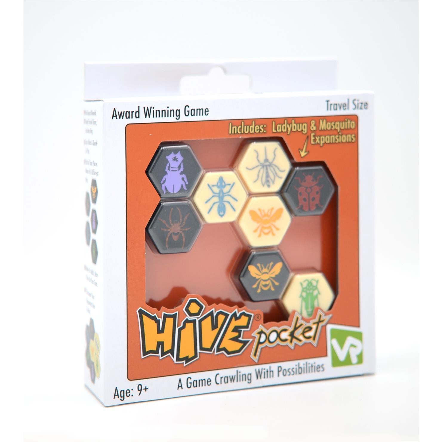 Travel strategy board game box angled view with Ladybug & Mosquito expansions and hex tiles.