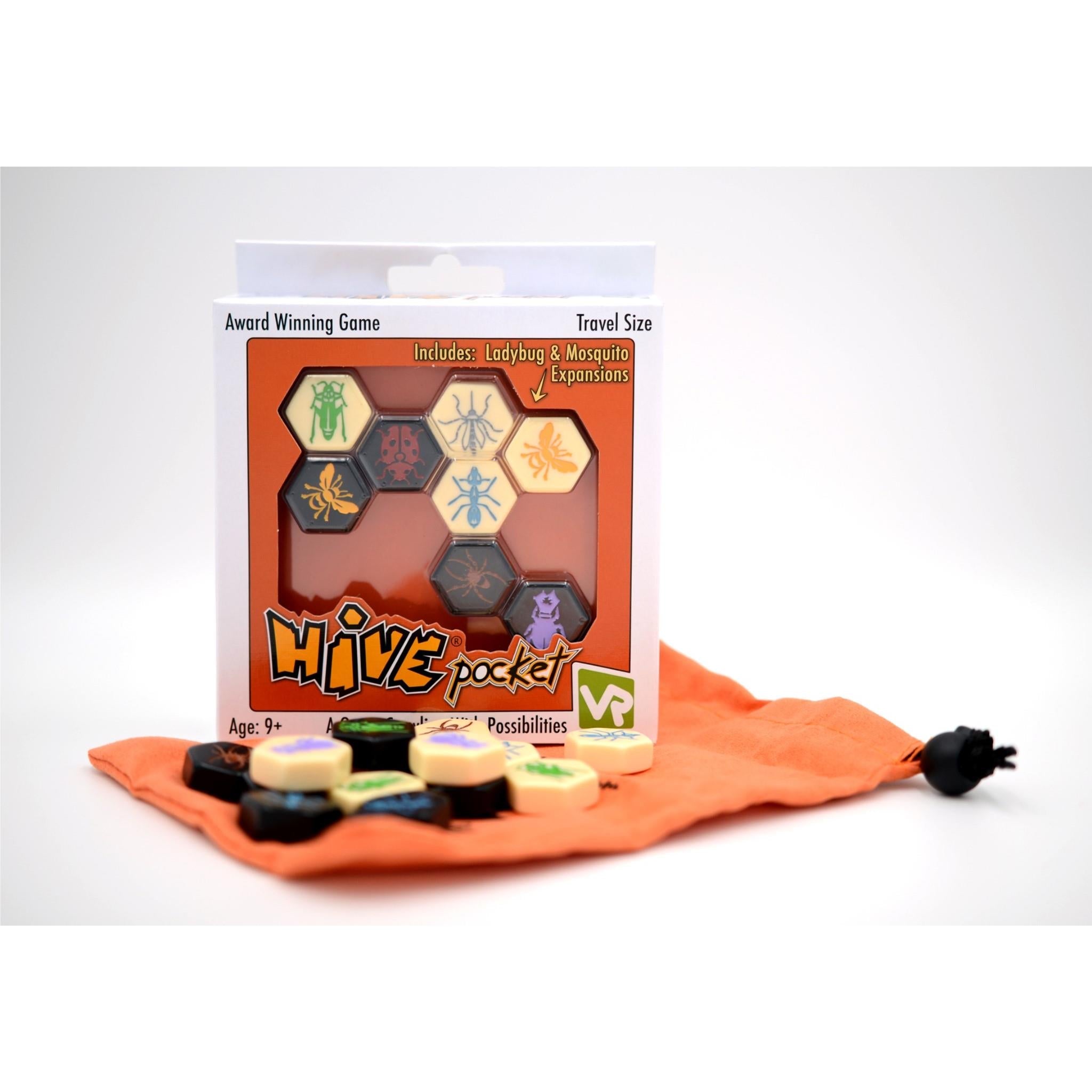 Travel strategy board game set with hex insect tokens on orange fabric pouch.