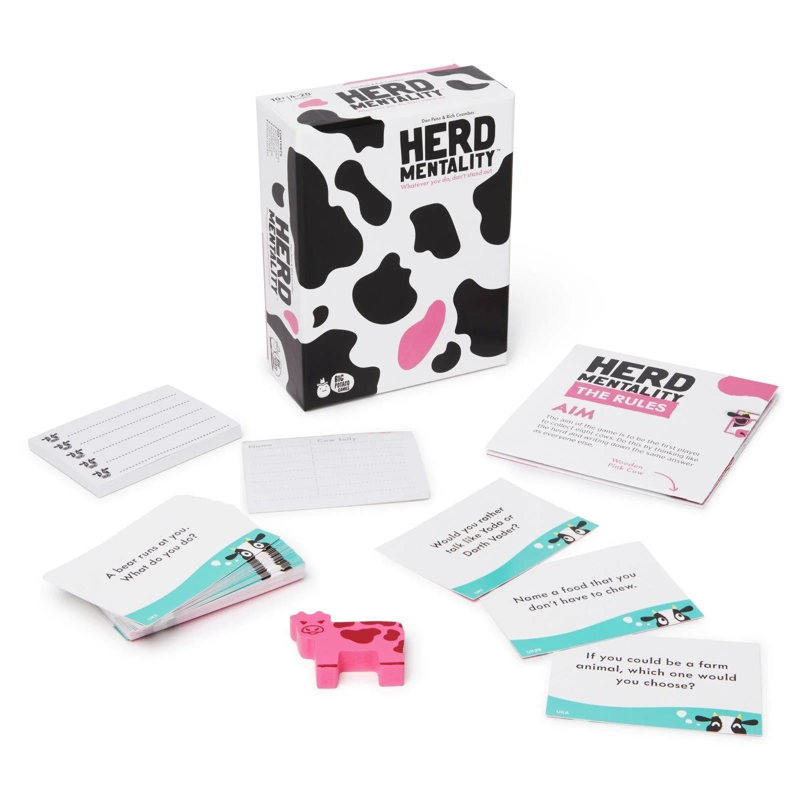 Mini compact party game box with question prompt cards and pink cow token