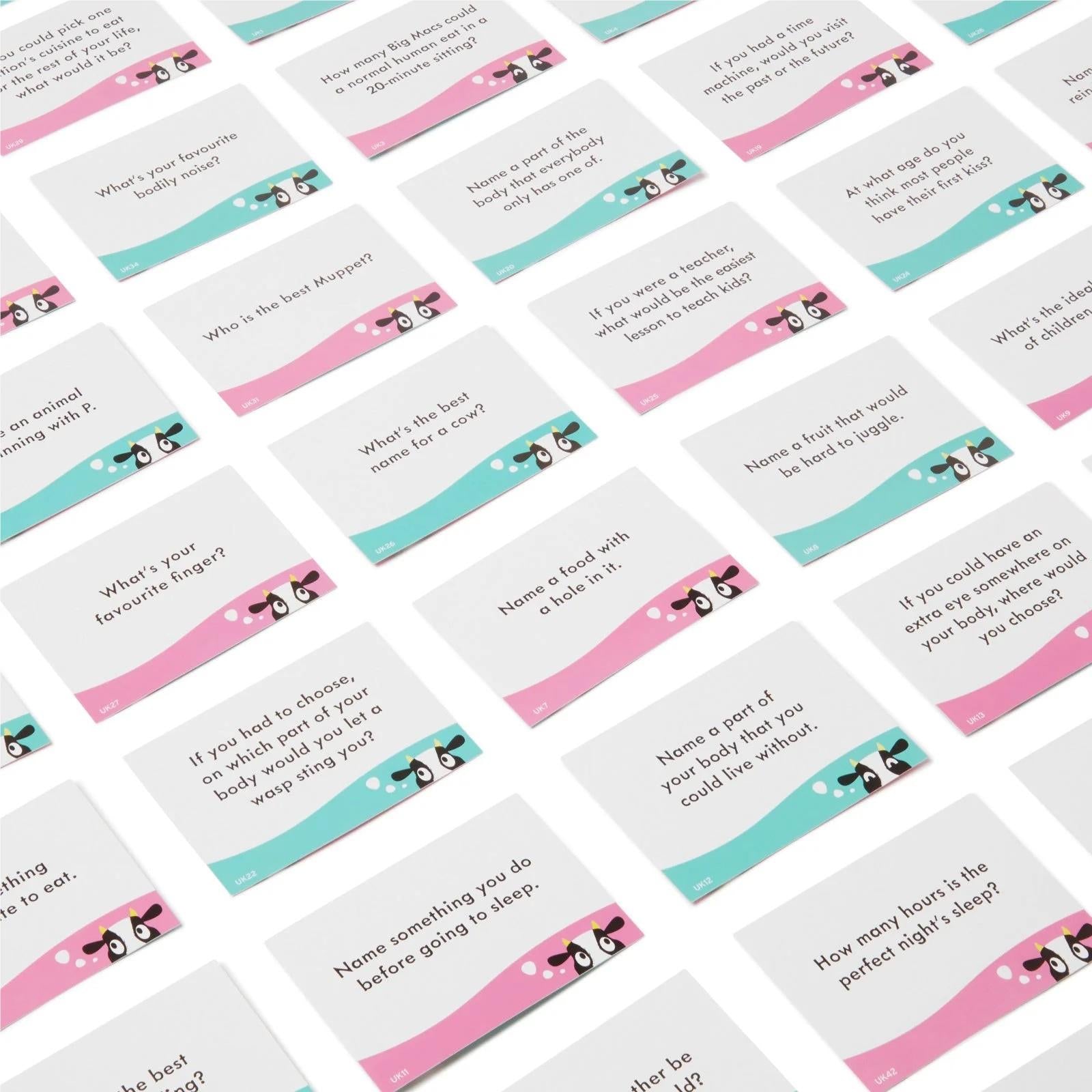 Multiple question prompt cards fanned out for quick gameplay