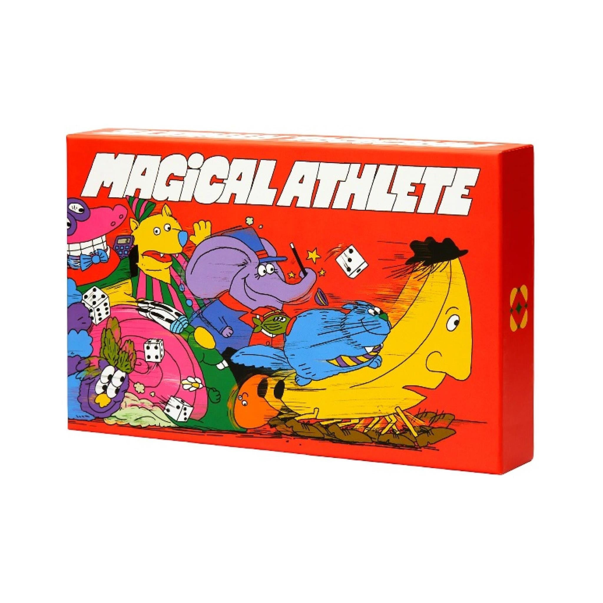 Board game box for Magical Athlete chaotic racing party game with 6 dice