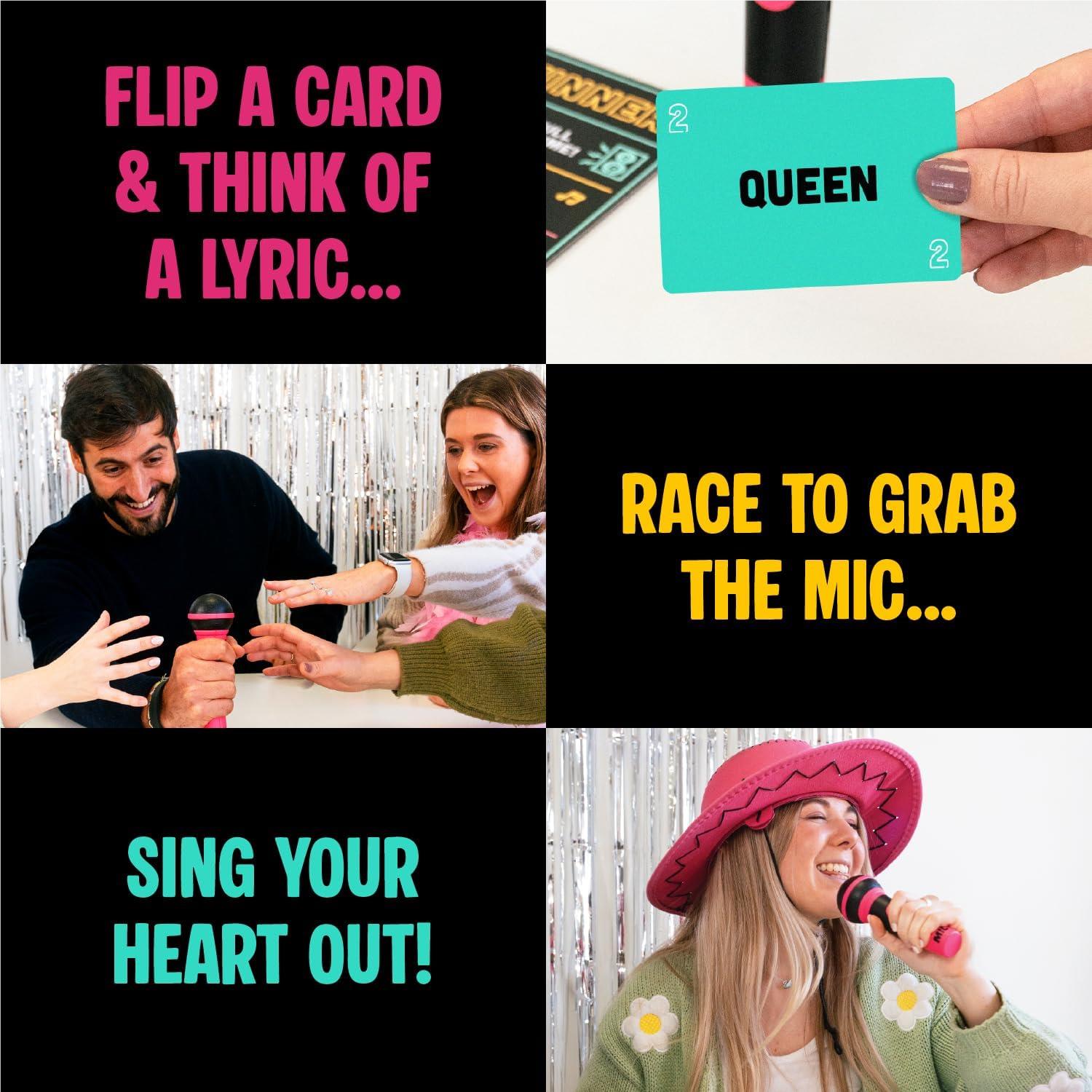 Karaoke card game scene with foam microphone and lyric prompt cards