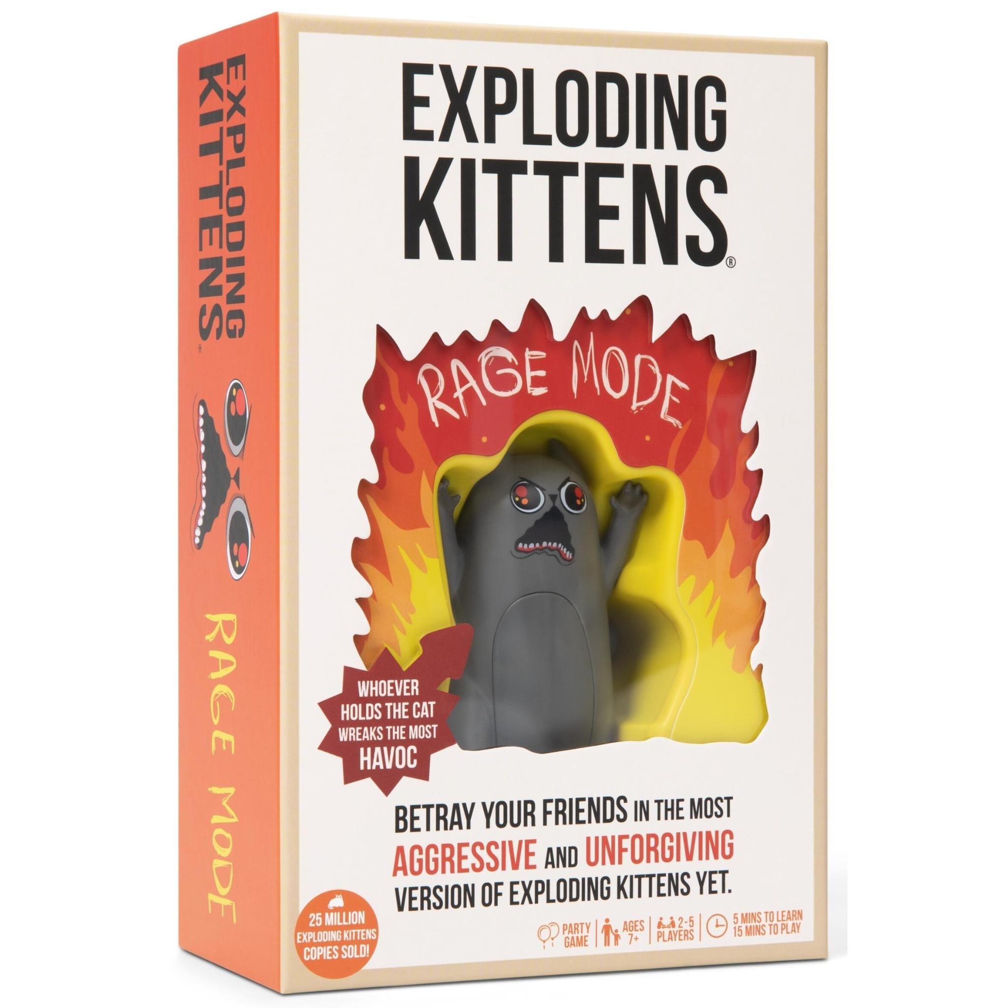 Rage Mode card game box with collectible toy window and flaming cat graphic