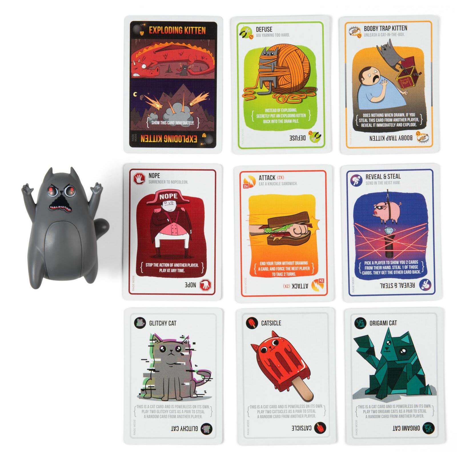 Rage Mode collectible toy cat with illustrated game cards, multiple faces visible