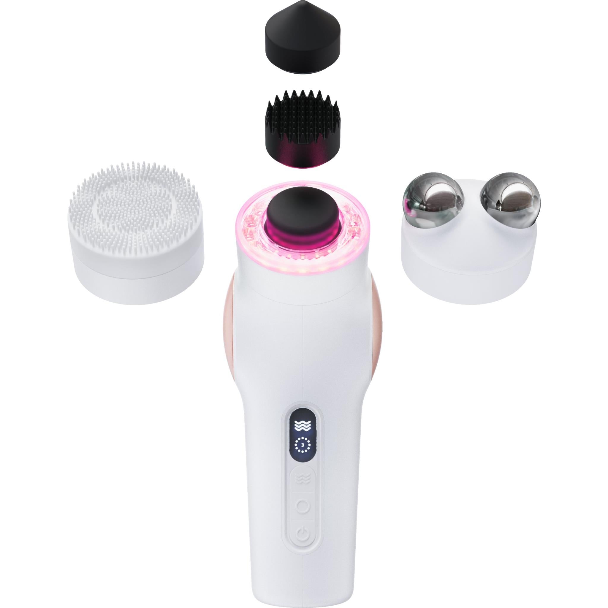 White facial therapy device with interchangeable heads and pink LED light