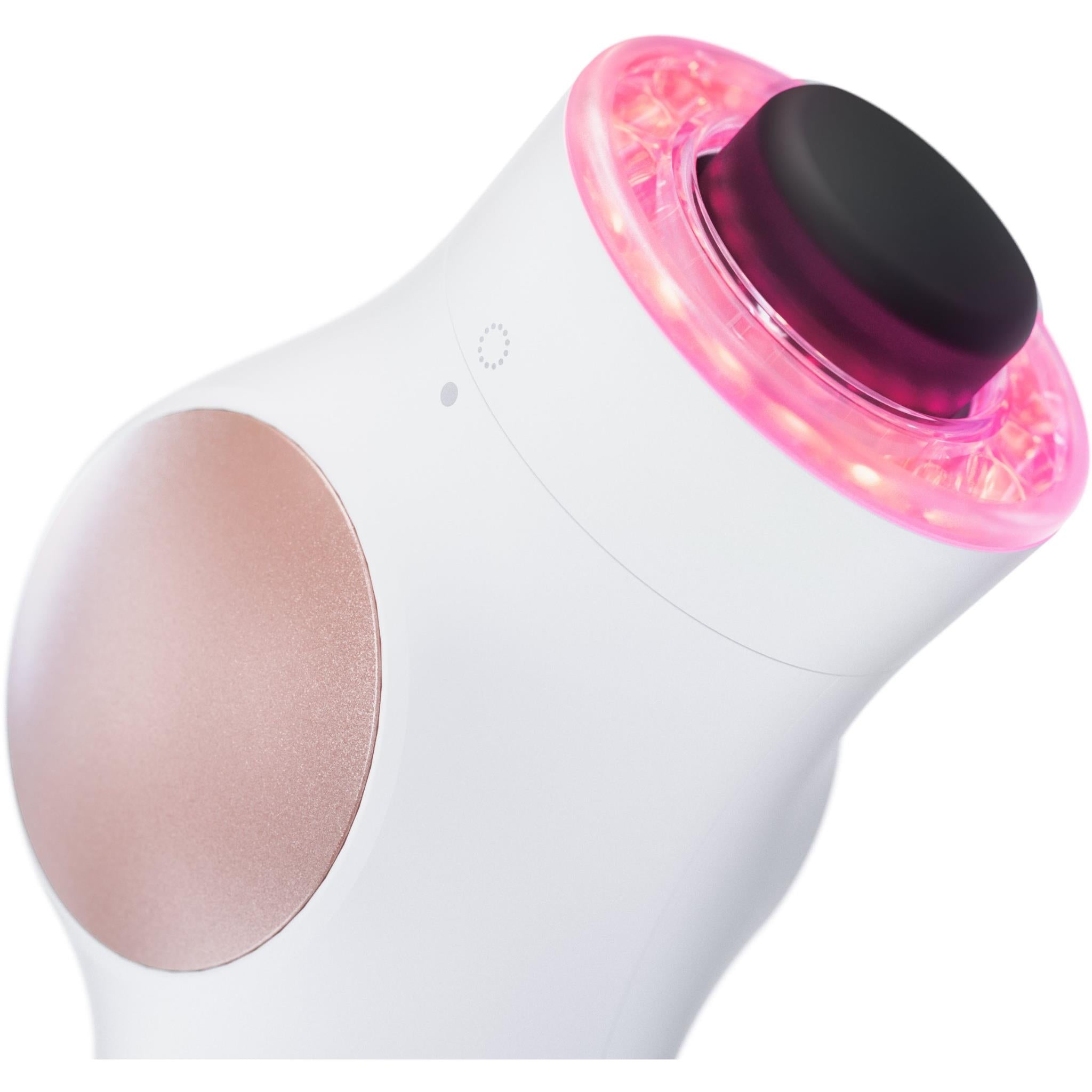 White facial therapy device head with pink LED ring light