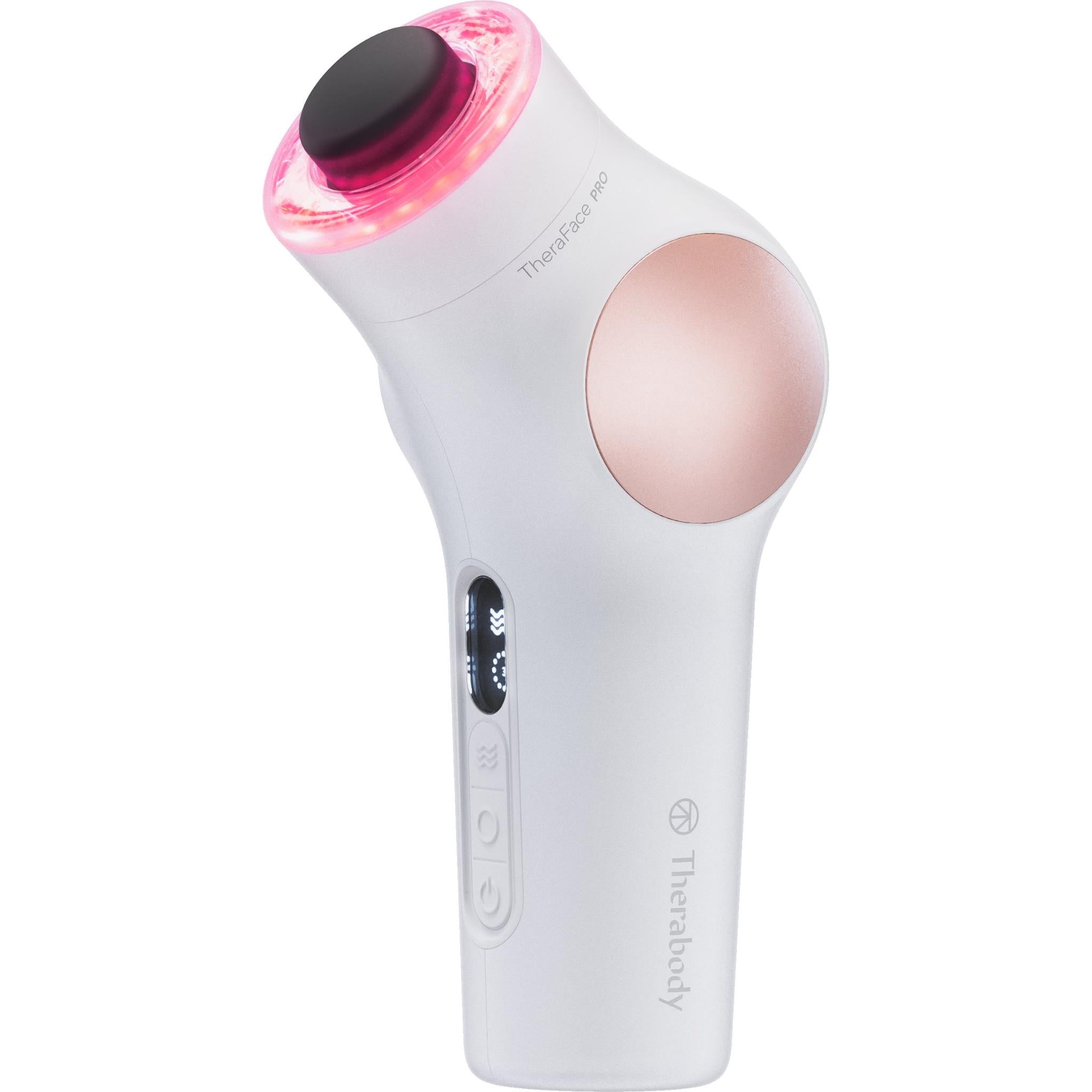 White facial therapy device with pink LED light and round treatment pad