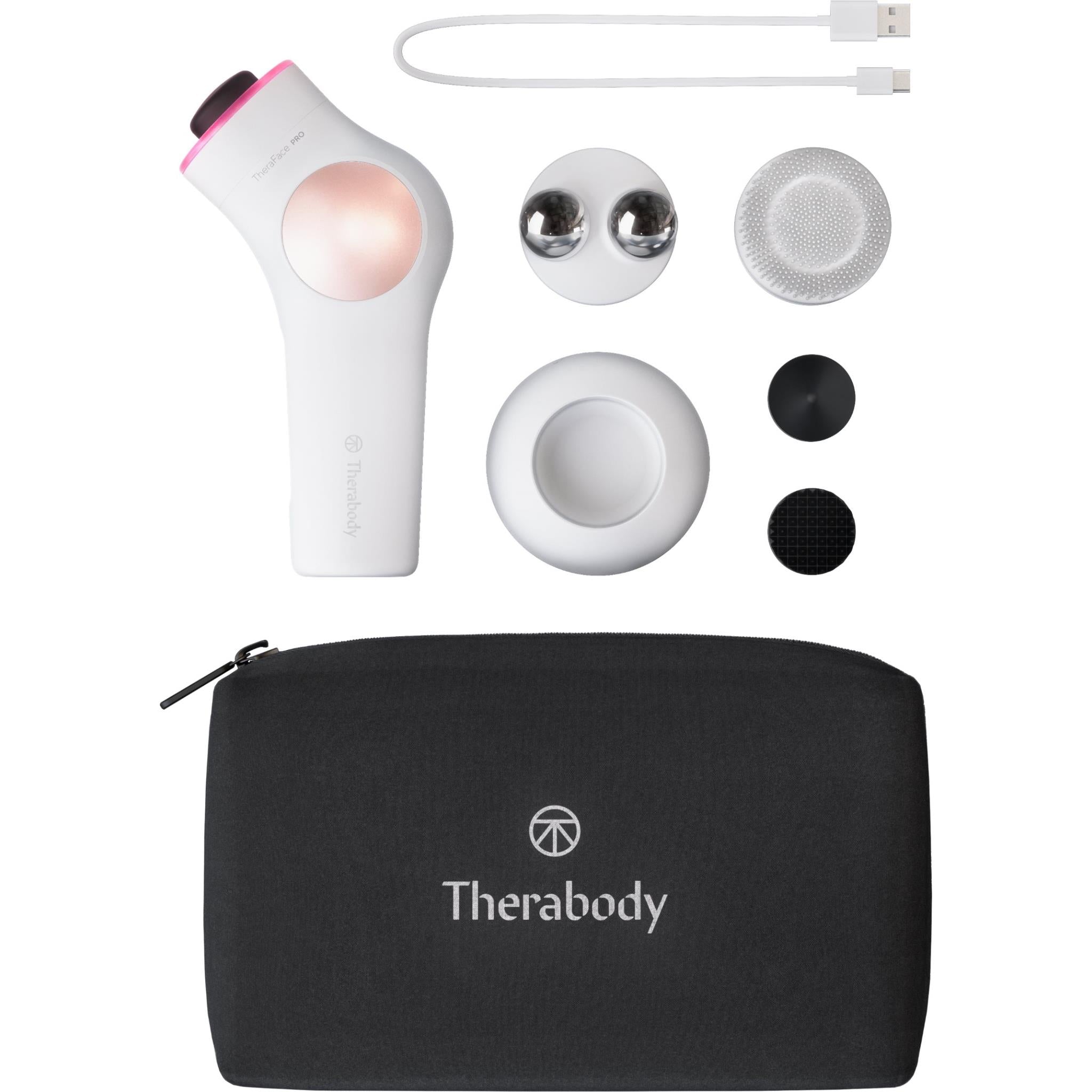 Facial therapy device kit with heads, cables, and black zip pouch