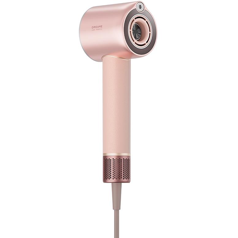 Rose-pink hair dryer with circular intake grille on the front end