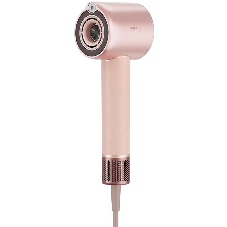 Rose-pink hair dryer with side panel air intake and perforated vent
