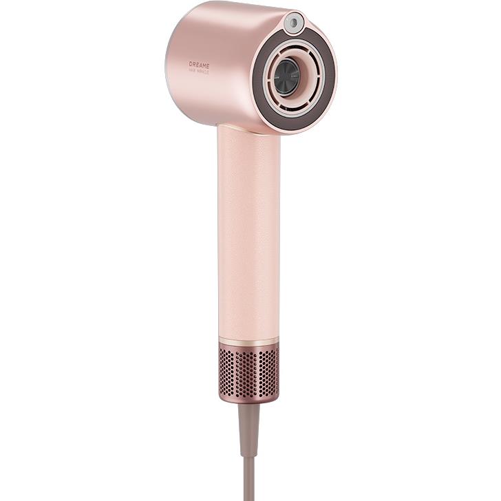 Rose-pink hair dryer with front intake ring and perforated bottom grille