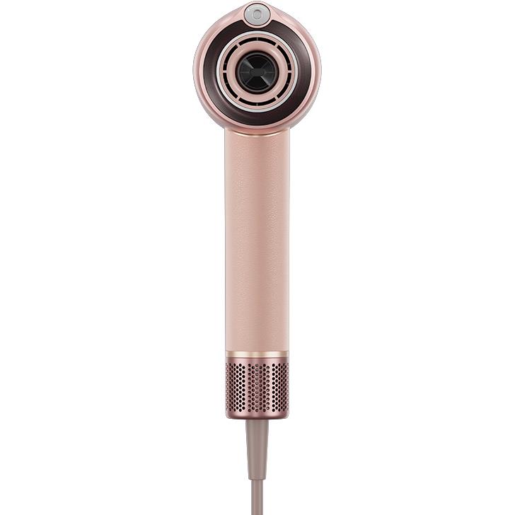 Rose-pink hair dryer front view with circular intake and vented barrel