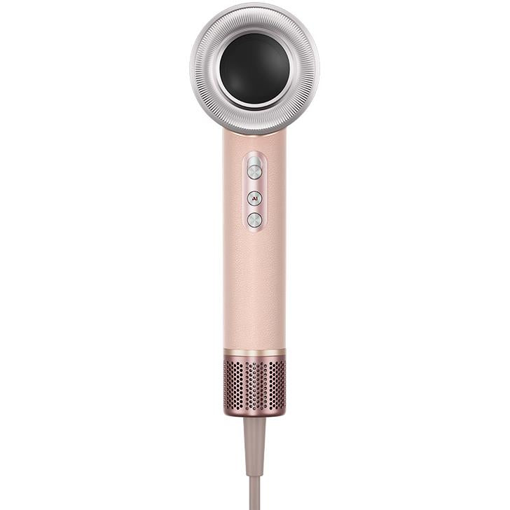 Light pink hair dryer with silver-tone front grille and control buttons