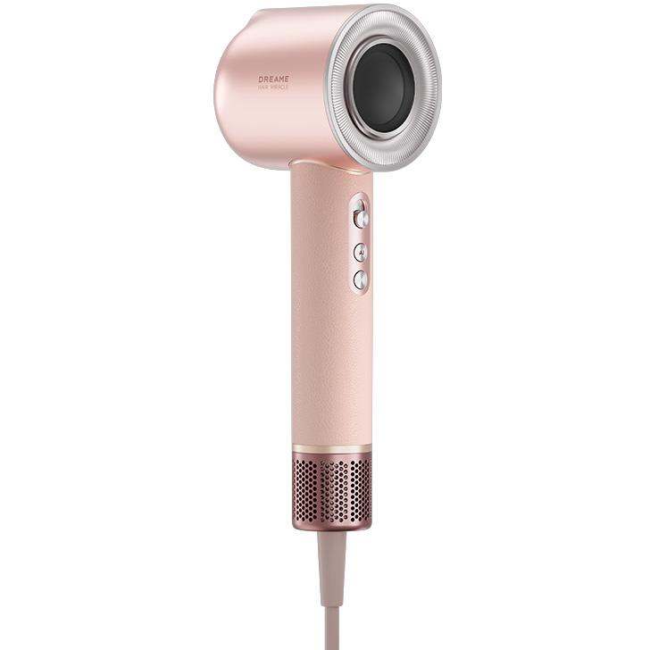 Rose-pink hair dryer with side control buttons and front intake grille