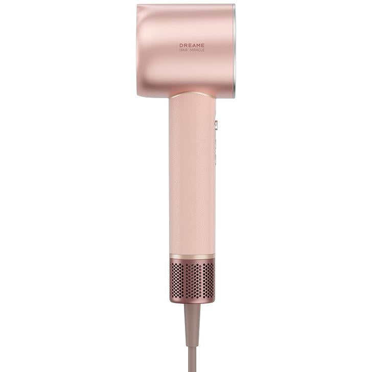 Rose-pink hair dryer with front housing vent and handle with grip texture